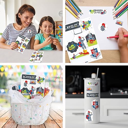 Miniatura 5 de Big Dot of Happiness Calling All Knights and Dragons - Juego de calcomanías medievales para fiestas o cumpleaños, 12 hojas, 120 calcomanías