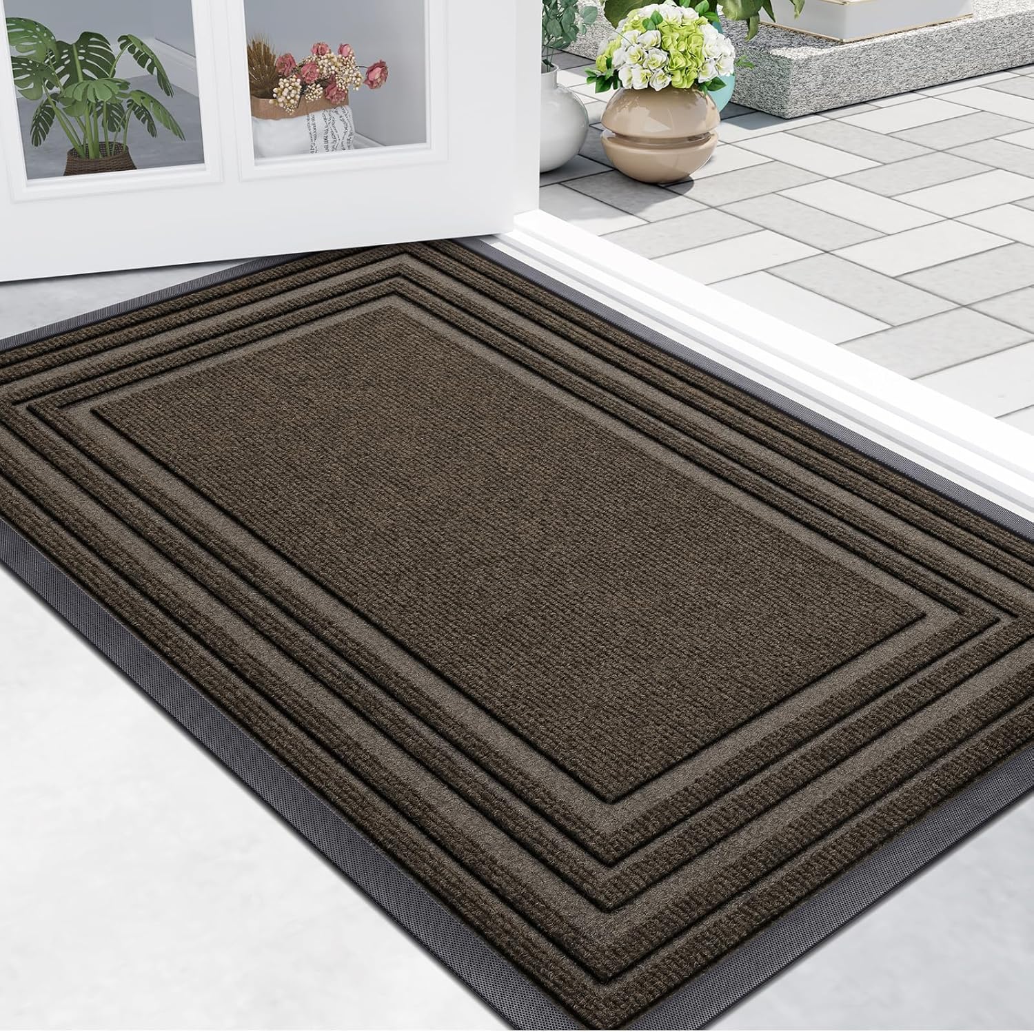 Buganda Front Door Mat Indoor Outdoor Entrance, Non-Slip Natural Rubber Doormats, Easy Clean, Low Profile, Dirt Trapper Entryway Floor Mats for Outside, Garages and Patios, 47x32, Brown 47" x 32" Brown