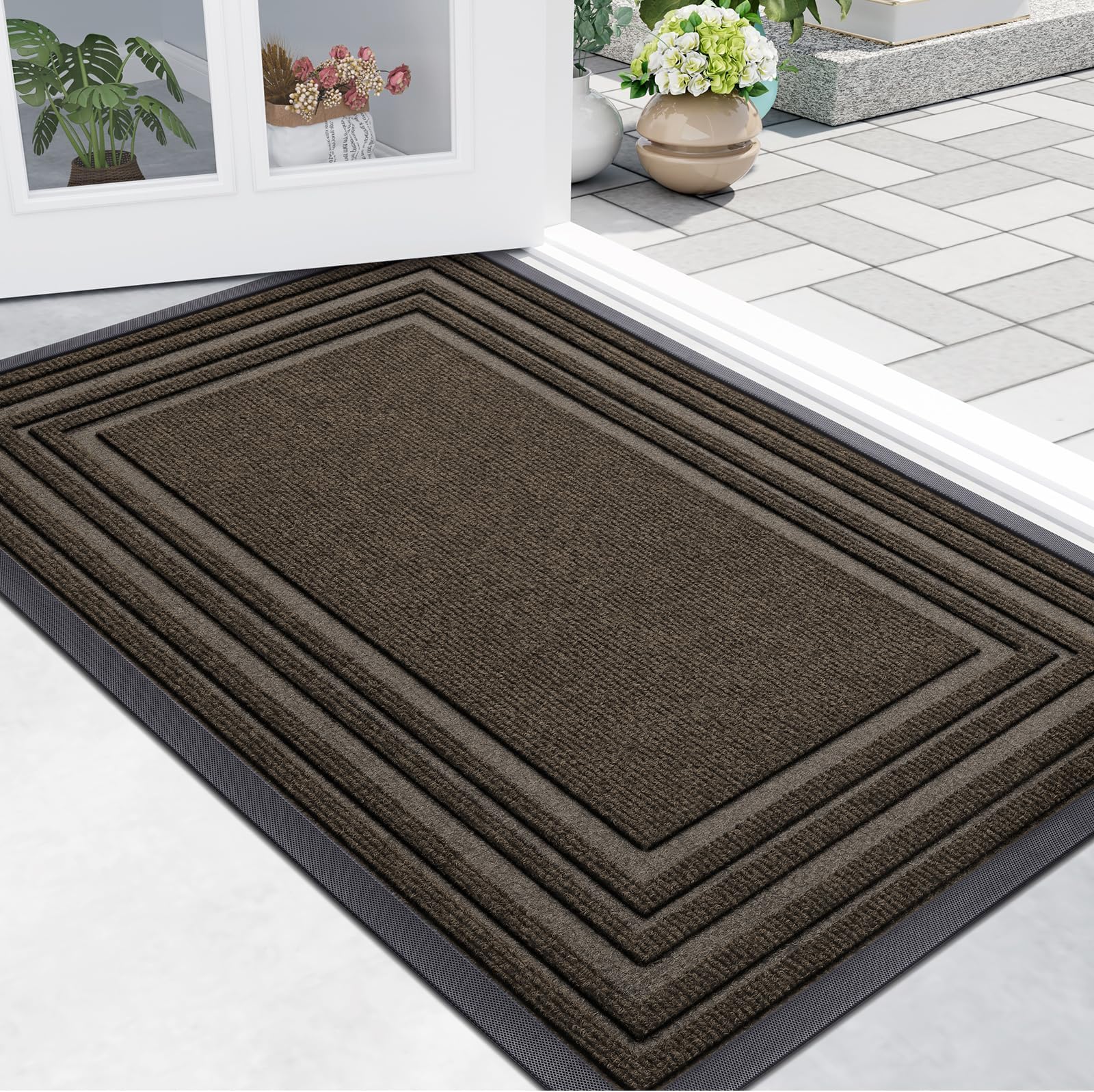 Buganda Front Door Mat Indoor Outdoor Entrance, Non-Slip Natural Rubber Doormats, Easy Clean, Low Profile, Dirt Trapper Entryway Floor Mats for Outside, Garages and Patios, 29.5x17, Brown