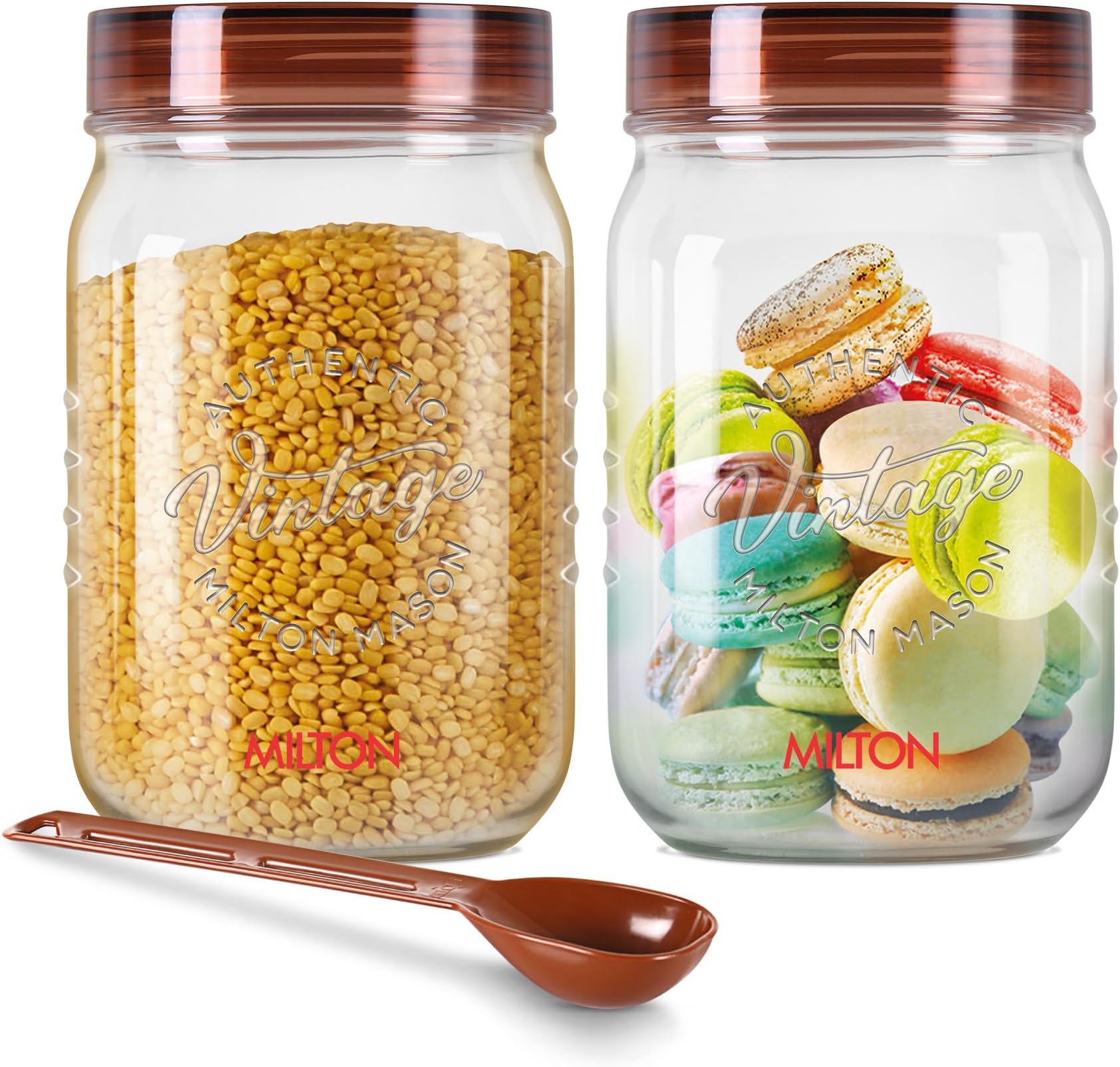 MILTON Vintage Airtight Containers with Spoons for Kitchen Storage, Food Grade Plastic, Stackable & Transparent Organizer Jars, Masala Dabba, Set of 2 (1.5 Litres each) Tea, Coffee, Sugar, Dry Fruits