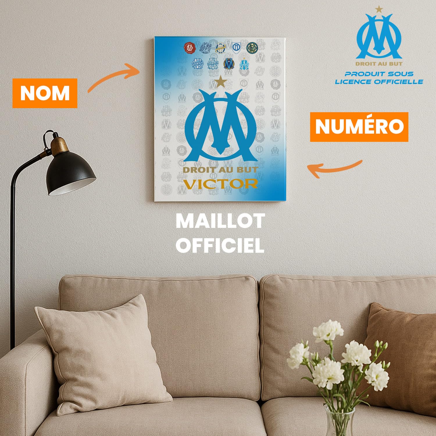 OneTrophy Toile personnalisable Olympique de Marseille – 50x40 cm | Produit Sous Licence Officielle OM | Prénom personnalisé | Décoration Murale Supporter | Fabriqué en France – Idée Cadeau Foot
