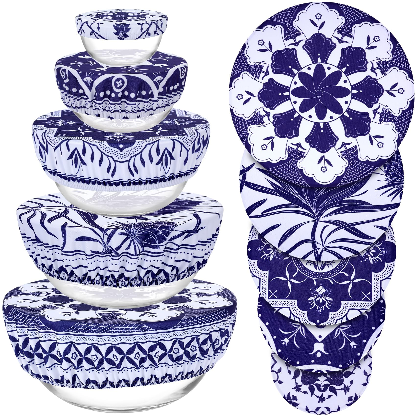 Revahope 5 Pieces Bowl Covers Reusable, 5 Size Elastic Cloth Bowl Covers for Bread Proofing Food Covers Washable for Food Fruits Leftover (Blue Floral