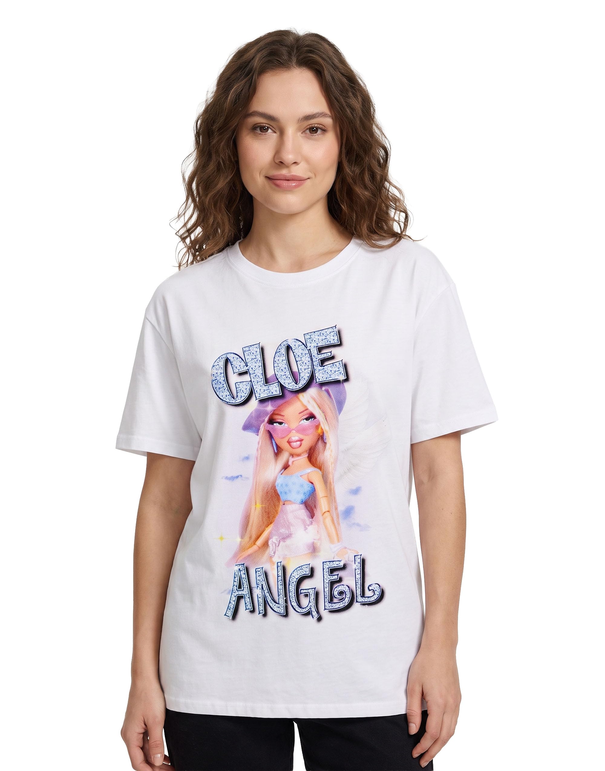 Bratz Cloe Womens T-Shirt | Y2K Bling Short Sleeve Graphic Tee in White | Angel Classic Doll Chrome Relaxed Fit Apparel Top | Nostalgic Doll Character Merchandise Gift