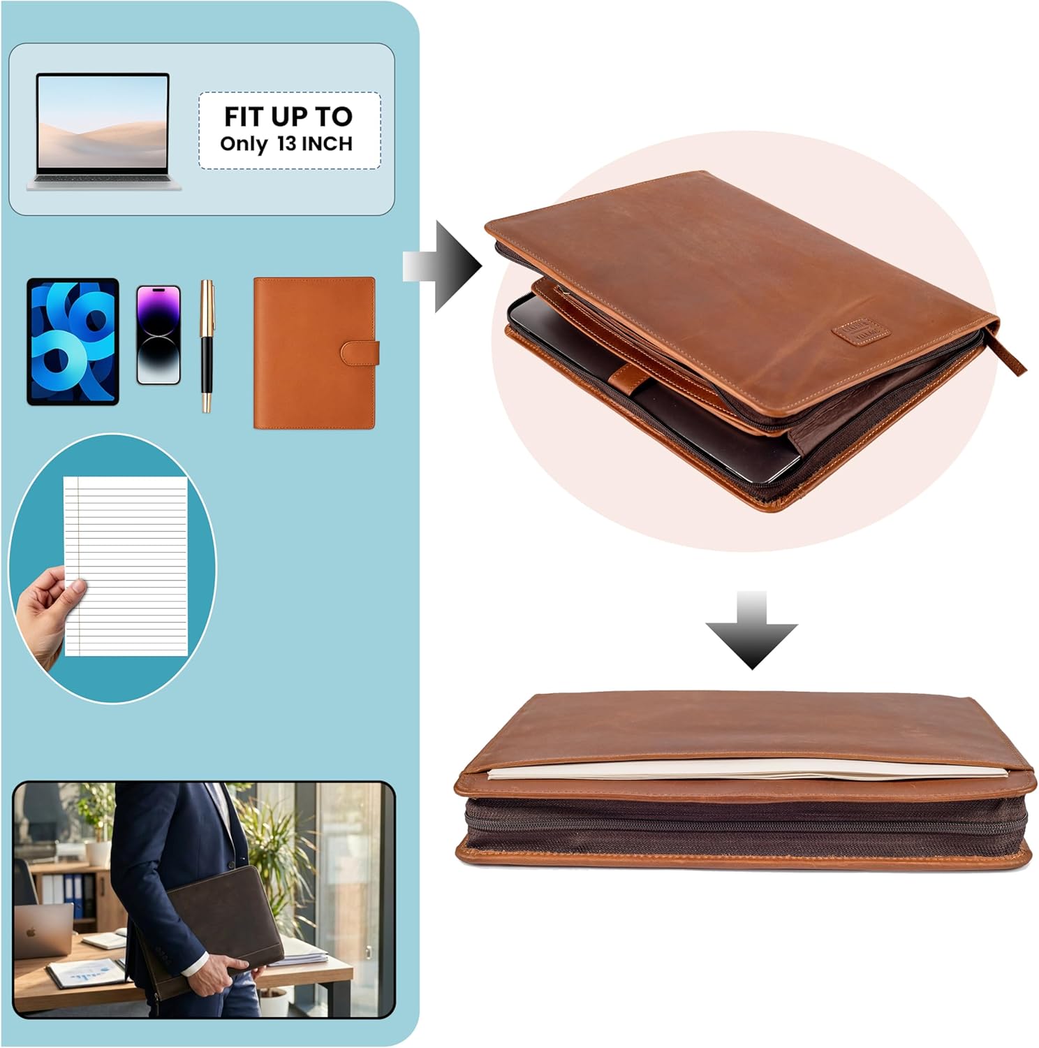 LEATHER VILLAGE Leather Portfolio Organizer - Professional Business Padfolio for Men & Women - Stylish Document Card Holder, Folio for A4/Letter Size Writing Legal Pad, Tan