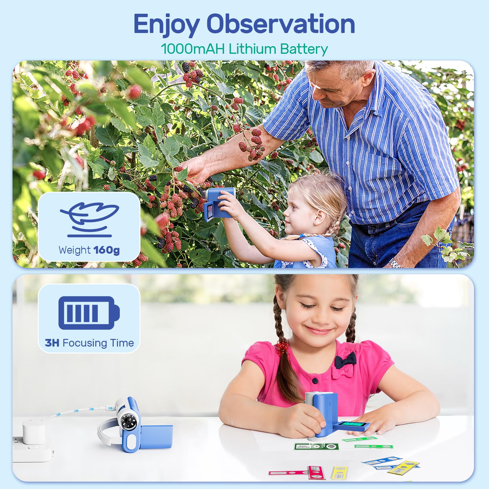 USCAMEL Digital Microscopio para Niños Portatil: 1000X Magnificación Pantalla 2.0" Microscopio Portatil Recargable - 6 Láminas Educativas Niños 5-12 Años - Jardín Casa Escuela - Regalo Chicos (Azul)