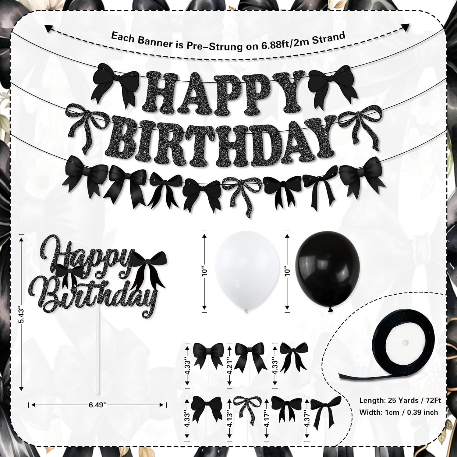 Black Bow Birthday Party Decorations, Girl Bow Birthday Decortions, Black White Balloons, Bows Banner Garland, Bows Cake & Cupcake Toppers and Satin Ribbon for Bow Party Decor - Image 3