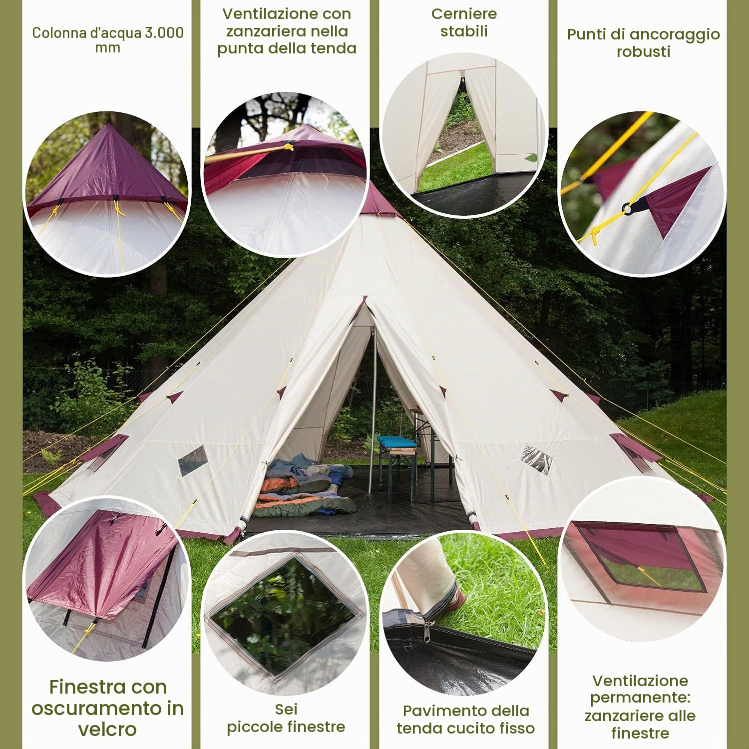 Tenda da campeggio Tipi Kota 550 Protect | fino a 12 persone, impermeabile, zanzariera, altezza 3 m, diametro 5,5 m, pali in acciaio | Tenda indiana, tenda per feste, tenda per festival, glamping