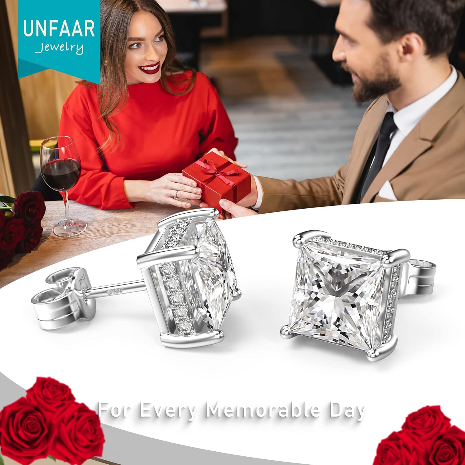 18K White Gold Plated Sterling Silver Princess Cut Cubic Zirconia Stud Earrings Square CZ Diamond Stud Earrings for Women Men Hypoallergenic - Image 5