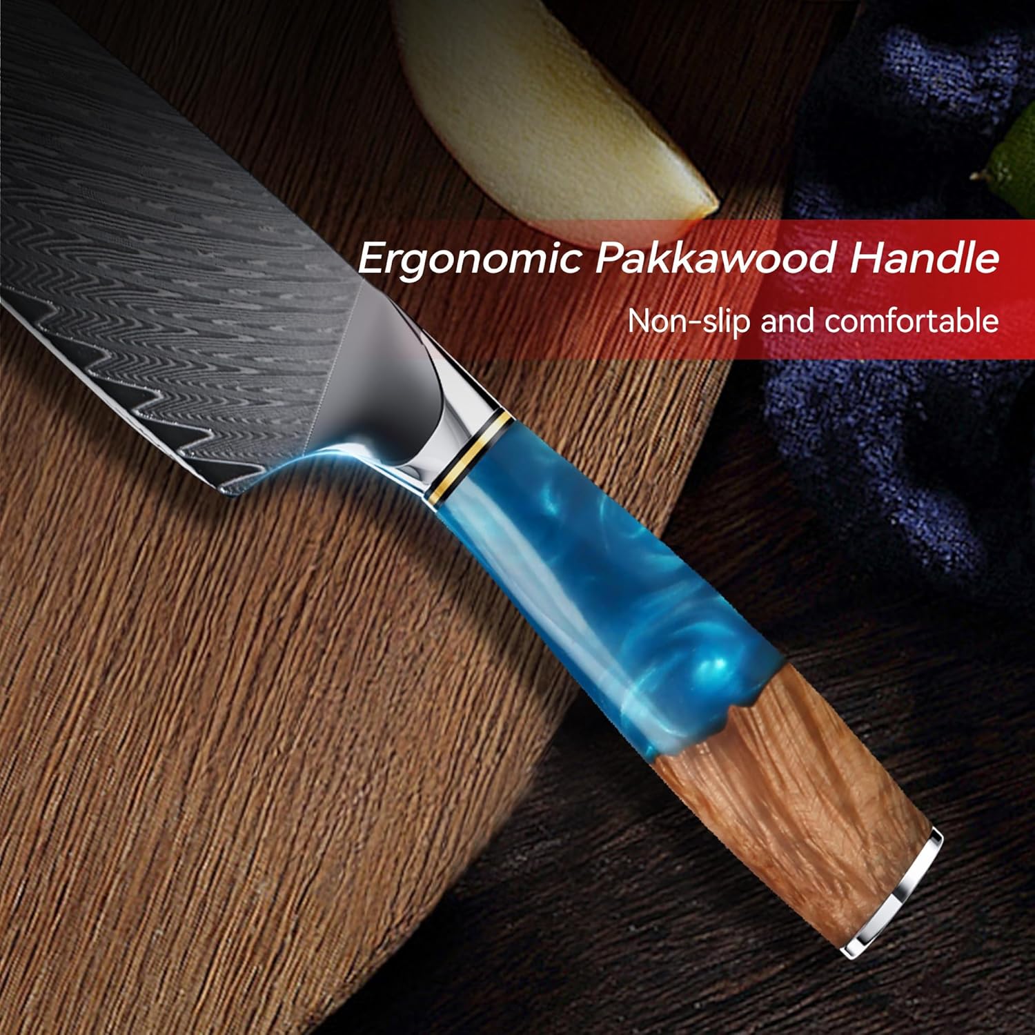 Chef's Knife, Japanese Damascus Chefs Knife 67 Layers High Carbon VG10 Steel Core with Wooden Ergonomic Handle, Gift Box (8In, Blue Resin)