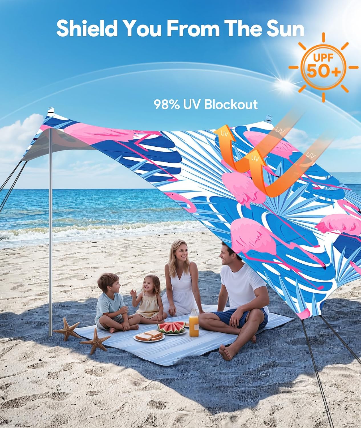 Raynesys Beach Tent Sun Shelter, UPF50+ Tents Canopy with 8 Sandbags & 4 Stability Poles, 10 x 10 FT Beach Canopy Tent Sun Shade, Outdoor Tents for Camping Fishing, Flamingo