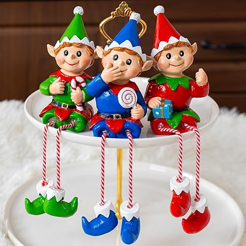 Miniatura 3 de Dazzle Bright Figuras de Elfo de Navidad en Decoración, Juego de 3 Elfos de Resina con Patas Colgantes, Adornos de Elfo para Decoración de Mesa,