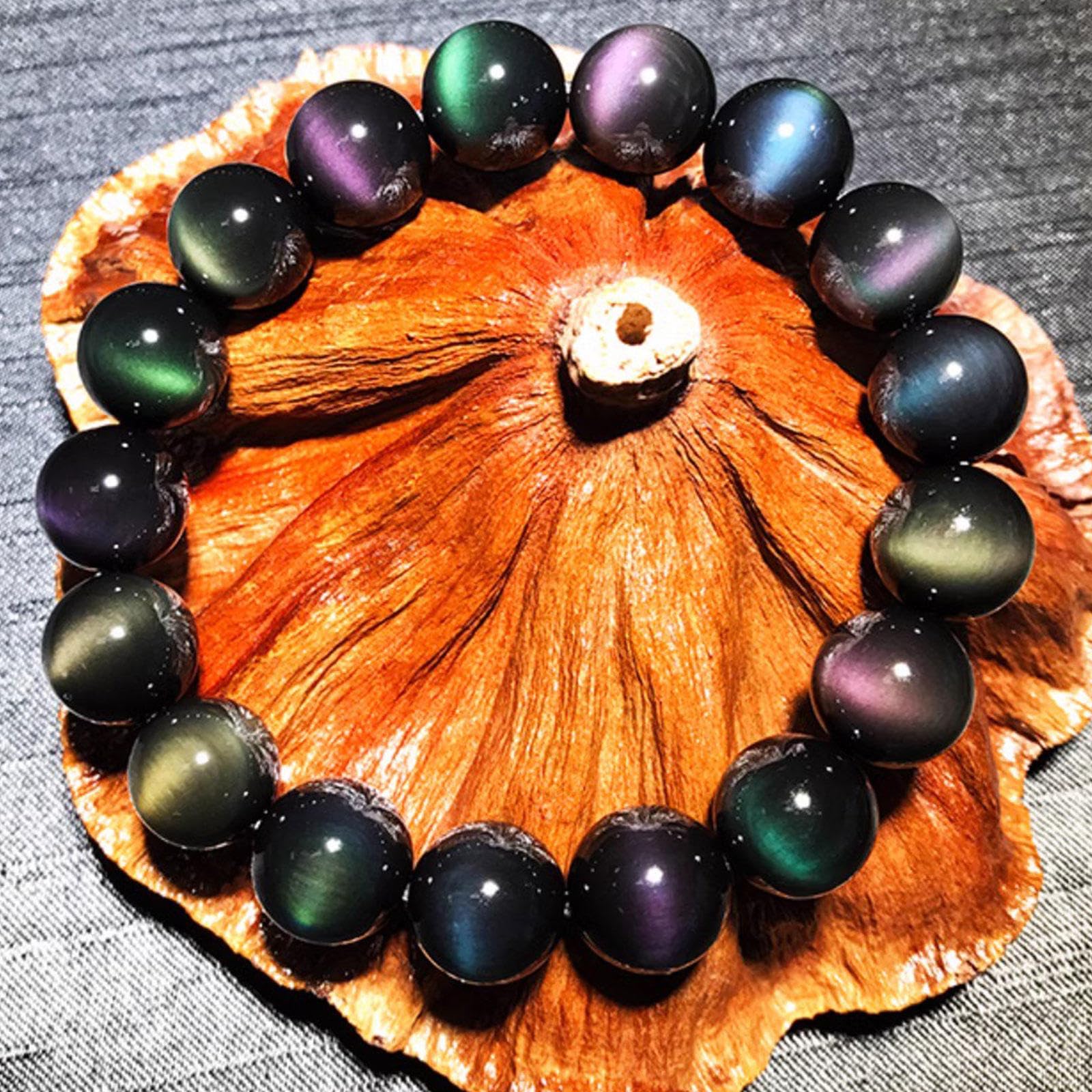 Bracciale In Cristallo di Ossidiana Leggera Arcobaleno Naturale, Pietra Preziosa Fatta a Mano Perline di Cristallo Tonde Bracciale Elasticizzato per Donne Uomini