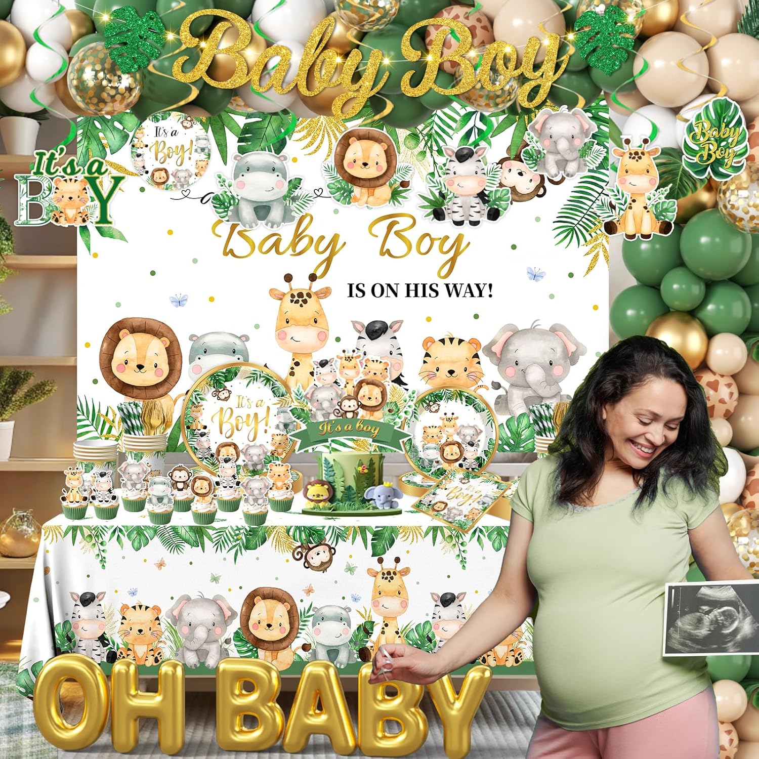 Safari Baby Shower Decorations,387pcs Jungle Baby Shower Decorations Sweet Boy Baby shower Theme Plates and Napkins Cups Tablecloth Backdrop Topper Balloons for Boy Wild Birthday Decorations