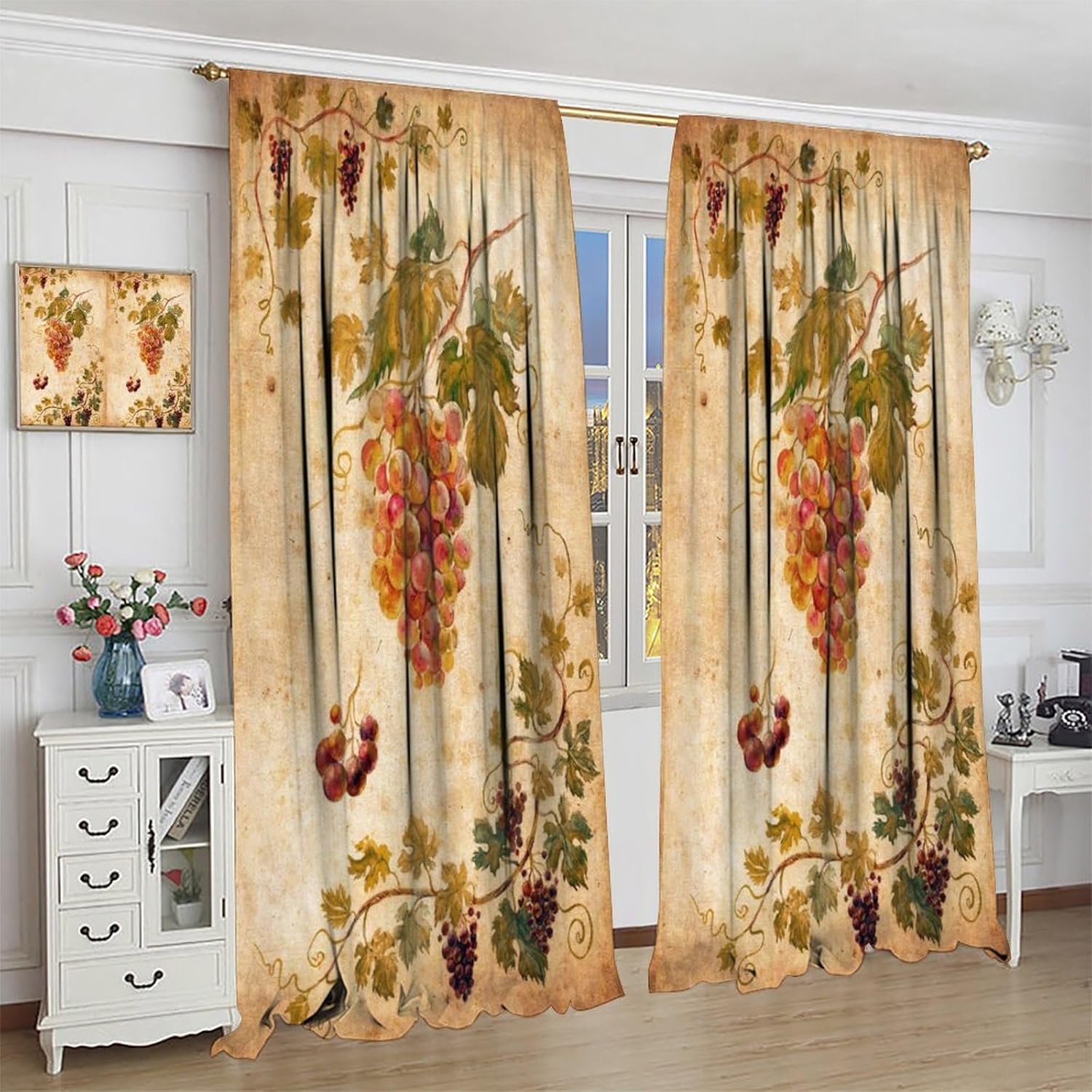 Fruit Curtains, Vintage Rustic Farmhouse Country Rattan Fruit Grape Print for Room Window Decor, Rod Pocket Blackout Drapes for Living Room Bedroom Kitchen 2 Panel Set 36" W X 63" L