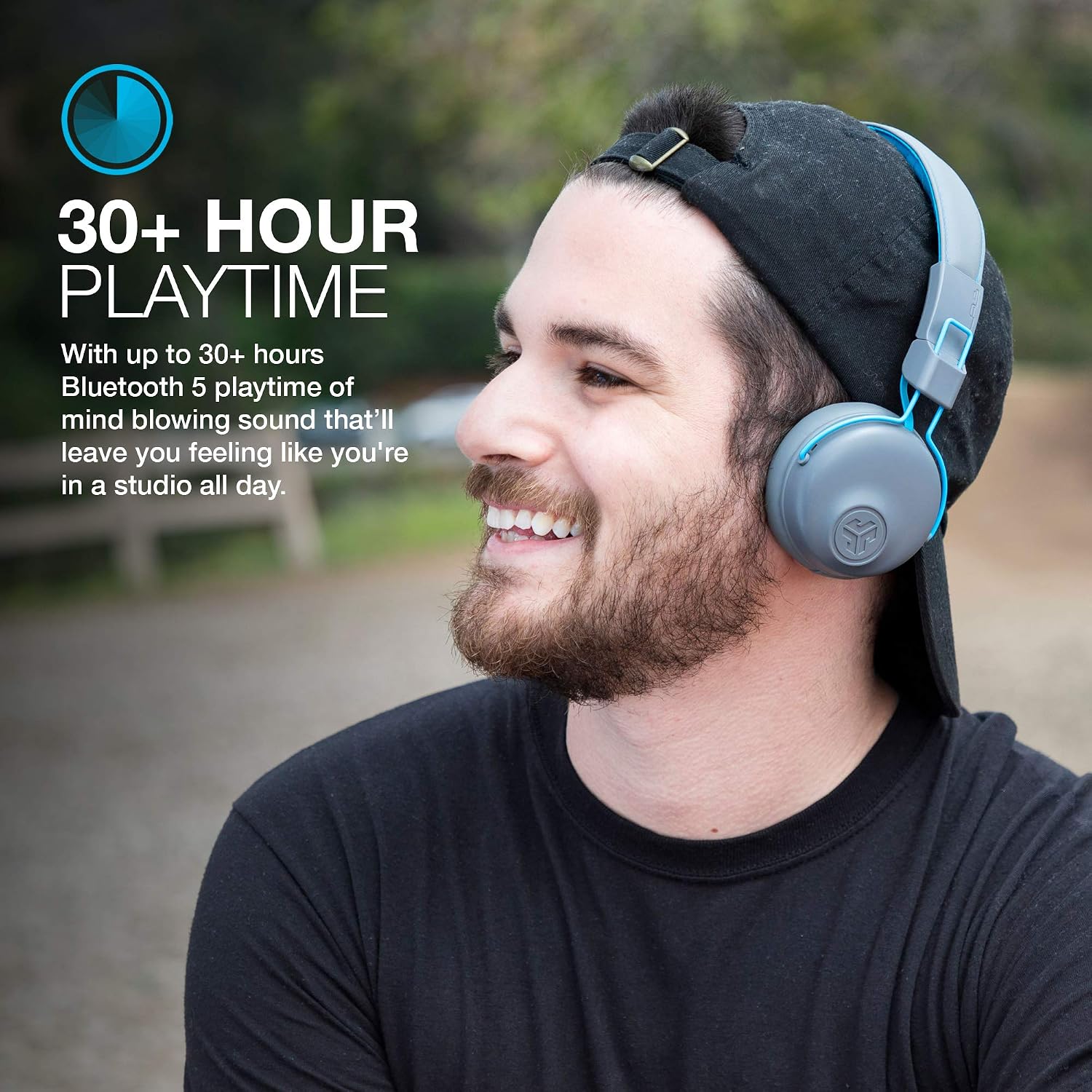 JLab Studio Bluetooth Wireless On-Ear Headphones | 30+ Hour Bluetooth 5 Playtime | EQ3 Sound | Ultra-Plush Faux Leather & Cloud Foam Cushions | Track and Volume Controls | Gray/Blue
