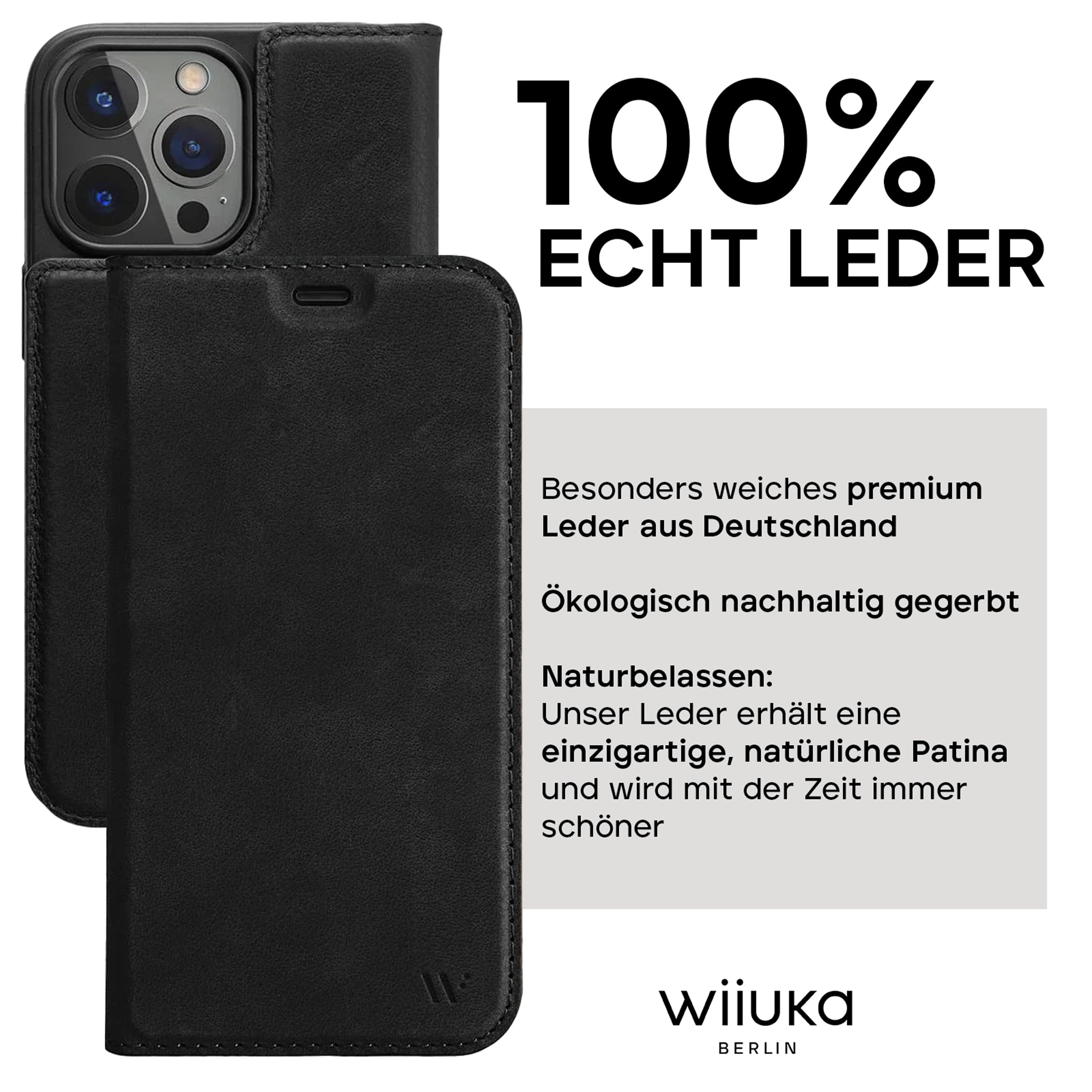 WIIUKA Hülle für iPhone 16 Pro Max, Leder aus Deutschland, mit Kartenfach, extra Dünn, Handyhülle mit Standfunktion, Tasche Vintage Schwarz
