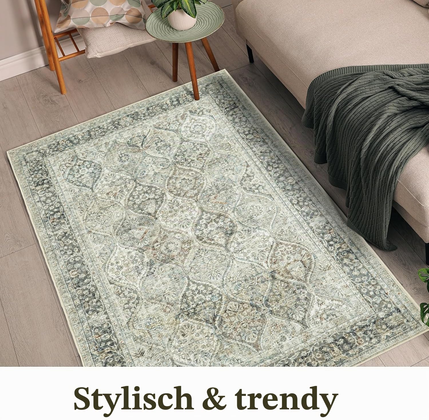 Wohnzimmerteppich, waschbarer Teppich, großer Teppich, 200 x 300 cm, Grün, Vintage-Teppiche