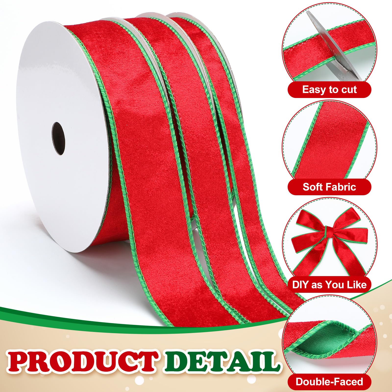 Yunlly 3 Rollen Weihnachts-Samtband mit Draht, 1,5 cm, 2,5 cm, 3,8 cm, doppelseitiges Samtband für Baumdekoration, Geschenkverpackung, Handwerk, Kränze, insgesamt 27,7 m (rot und grün)