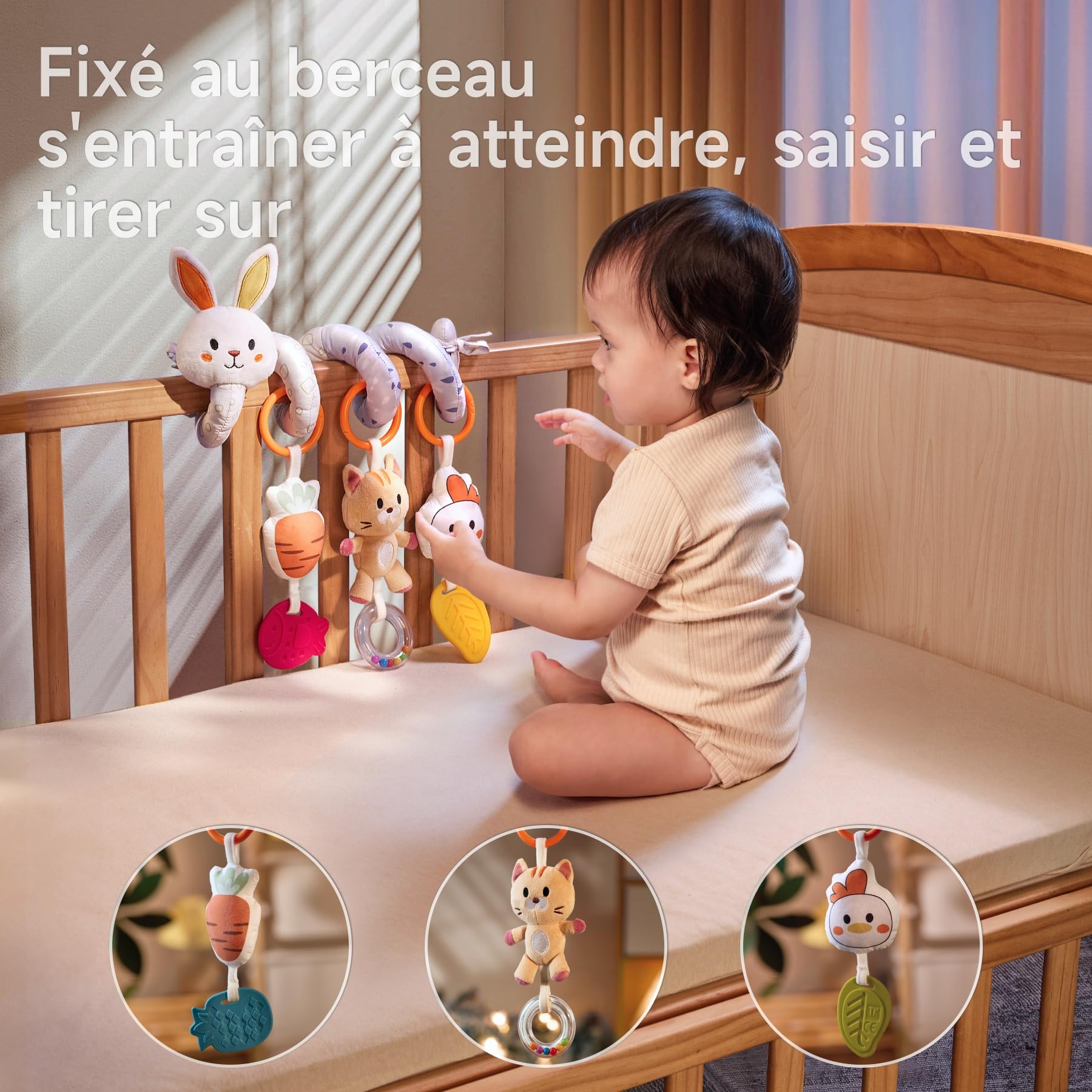 TUMAMA Kids Spirale d'activité bébé, Jouet Bebe 0 3 6 Mois, Cadeau Naissance, Poussette Bebe Jouet Fille, Jouet Voiture Bebe - Lapin
