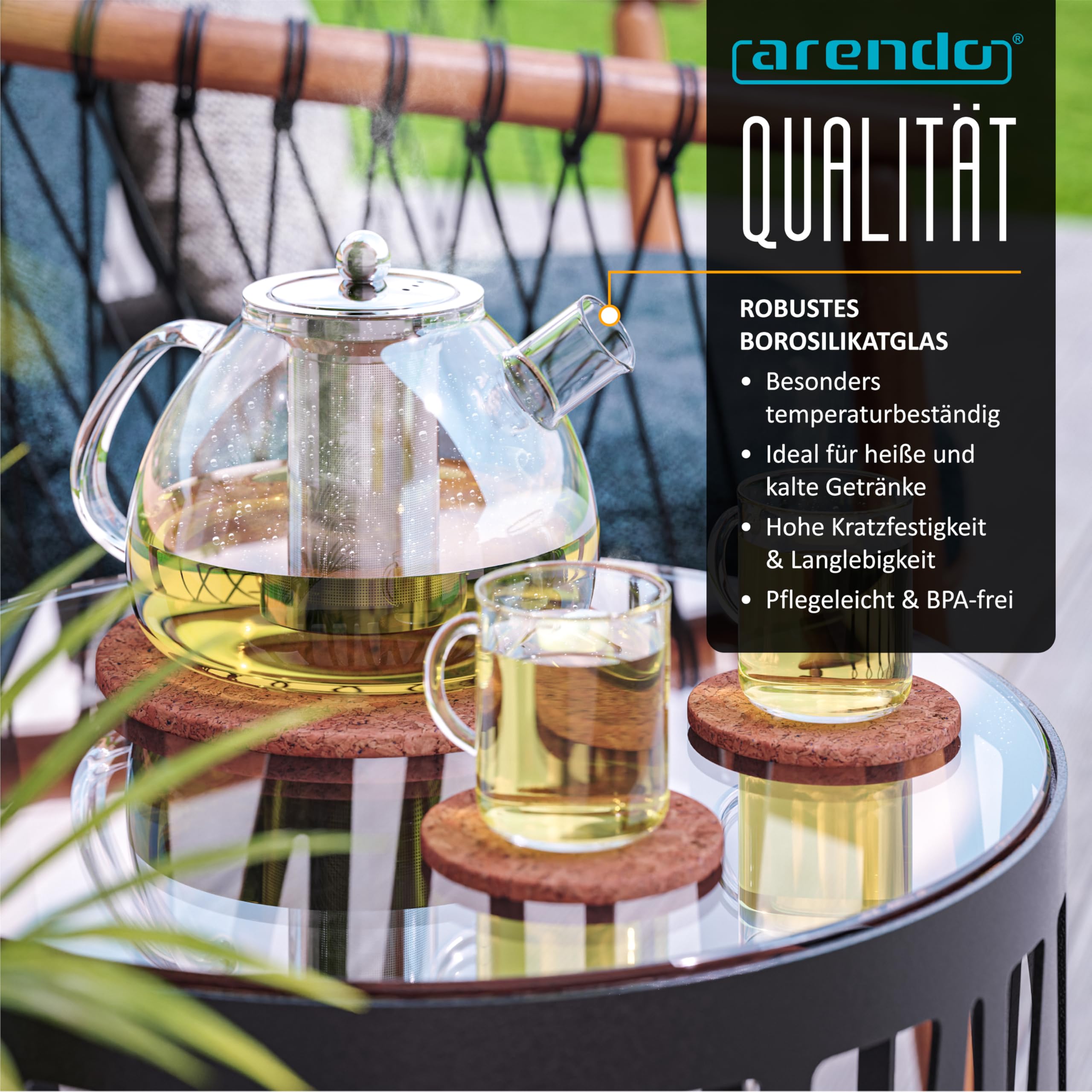 Arendo - Teekanne Glas mit Sieb - 1500 ml – aus Borosilikatglas – mit Edelstahlsieb – feinmaschig – hitzebeständig – Glasteekanne – für losen Tee Kräutertee Früchtetee – Teekocher – langlebig – feinma