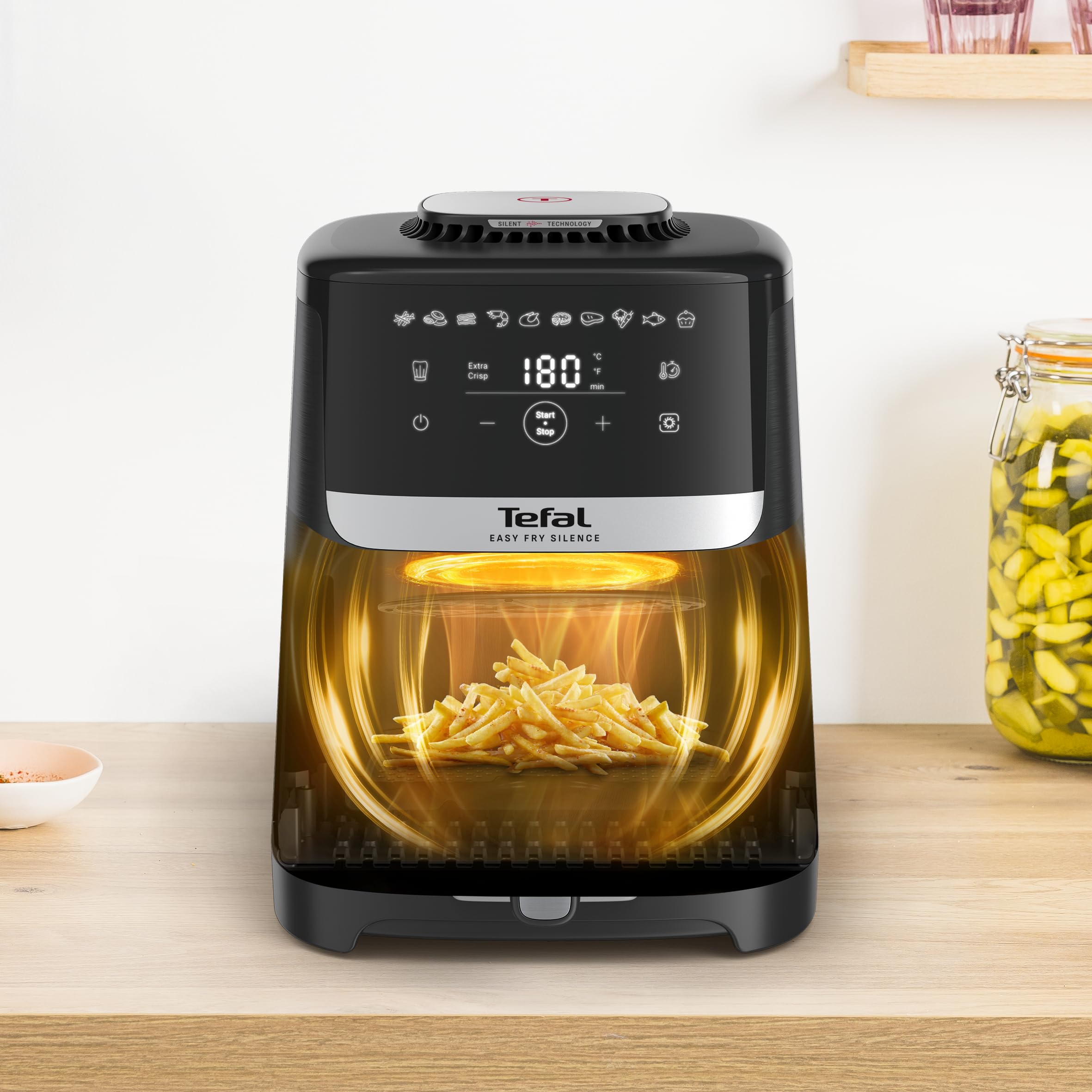 Tefal Easy Fry Silence, Freidora de aire caliente, hasta un 99% menos de grasa, nueva tecnología silenciosa, capacidad de 5 l, con rejilla de cocción antiadherente, fácil limpieza, Negro, EY5528E0