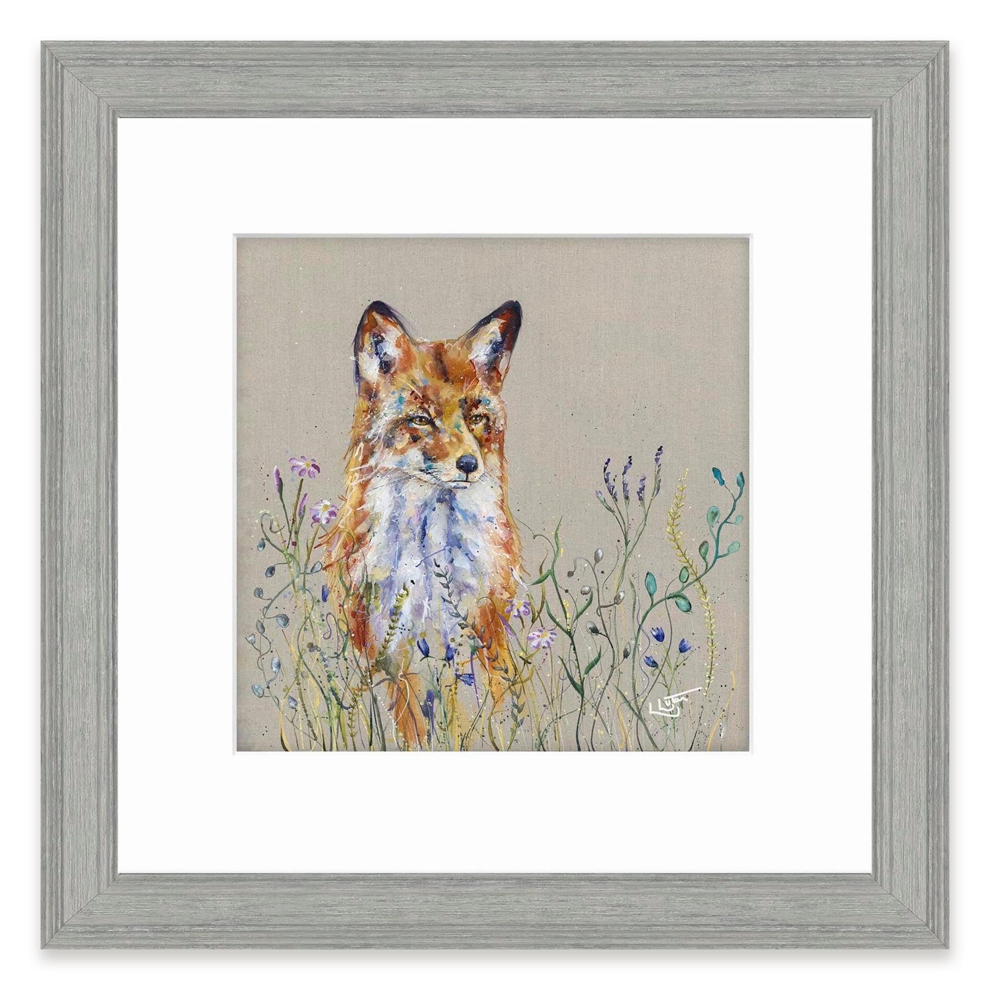 Artko Fox & Wildflowers Framed Print Wall Art - 'Floral Fox' by Louise Luton - Wildlife Themed Artwork - Ready to Hang Animal Home Décor - 35cm x 35cm