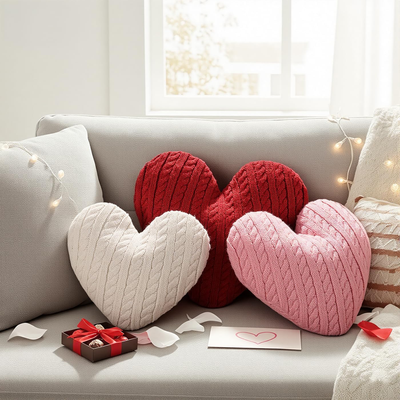 Valentine Pillows: 3 Pack Cable Knit Textured Heart Throw Pillows, Soft Cushions Valentines Pillows, Romantic Gifts Valentines Decorations for Bedroom, Living Room, Sofa, Couch