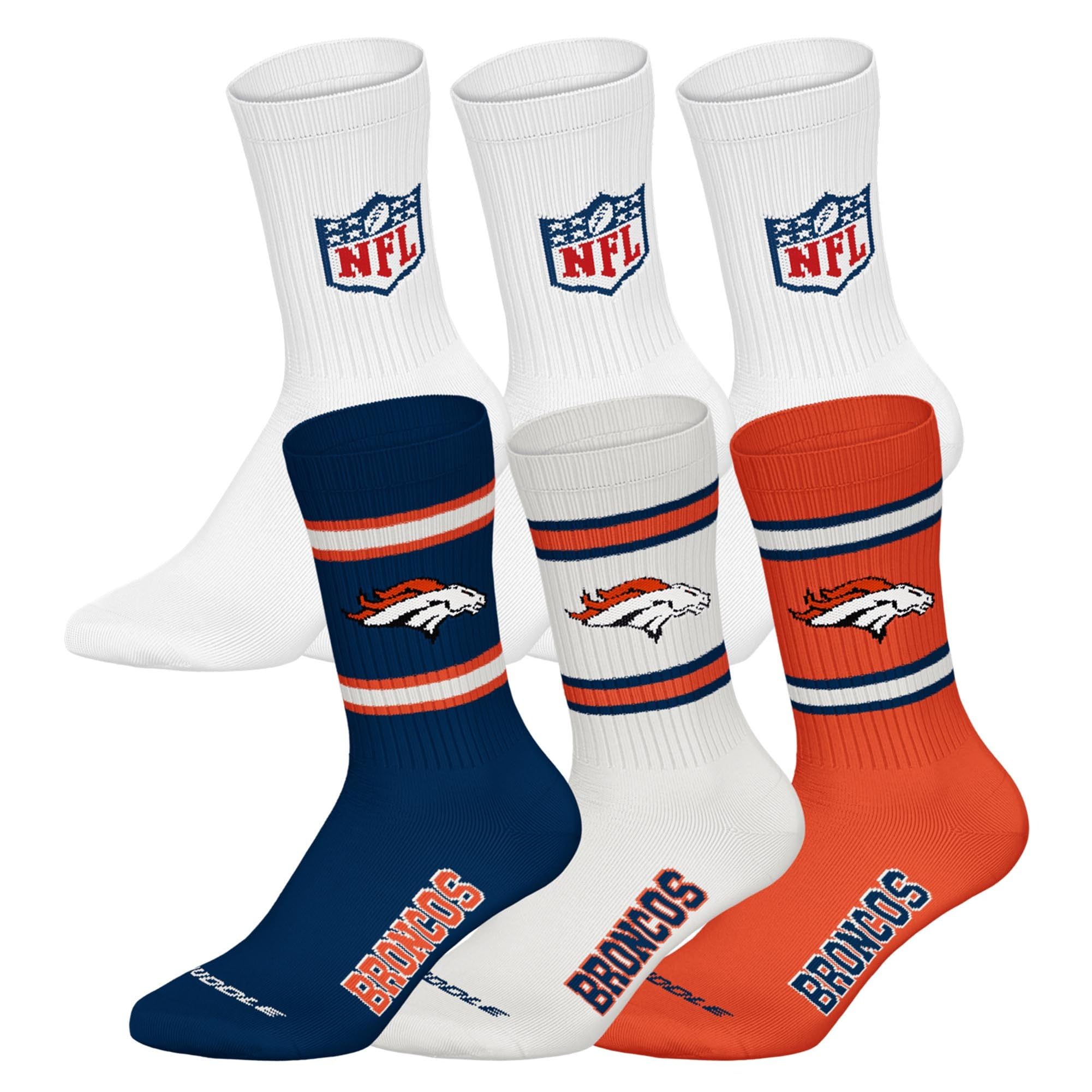 NFL Unisex Team Crew Socks, Denver Broncos, White, 39-42, Pack of 6