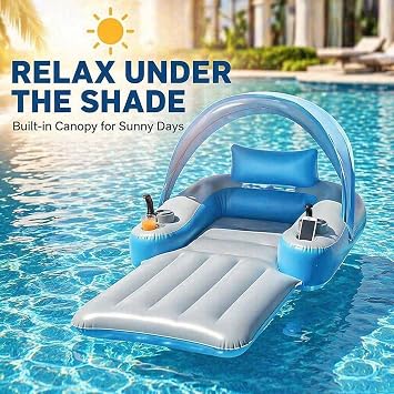 Motorized Pool Float, Folding Motorized Pool Lounger with Canopy, 300Ibs Load Bearing, 360° Rotatable Electric Propeller, Adults Inflatable Recliner for Party Lake, Summer Water