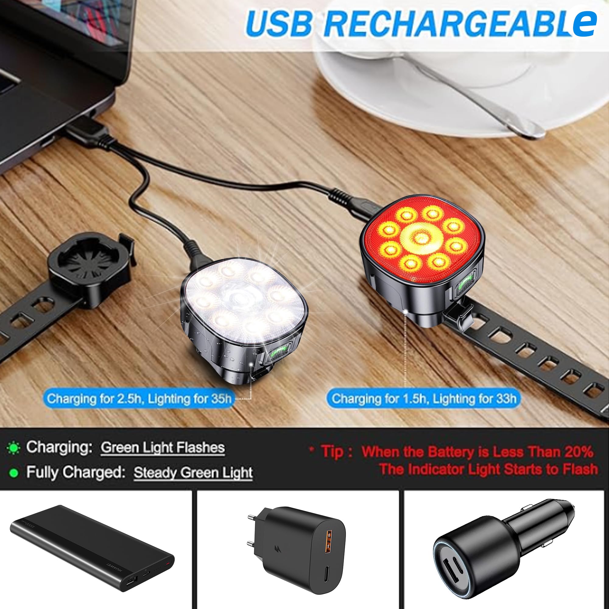 Luci per bicicletta [8+7 modalità], luci anteriori e posteriori super luminose, ultra luminose con faretto e proiettore, impermeabile IP65 e luci per scooter, facili da installare