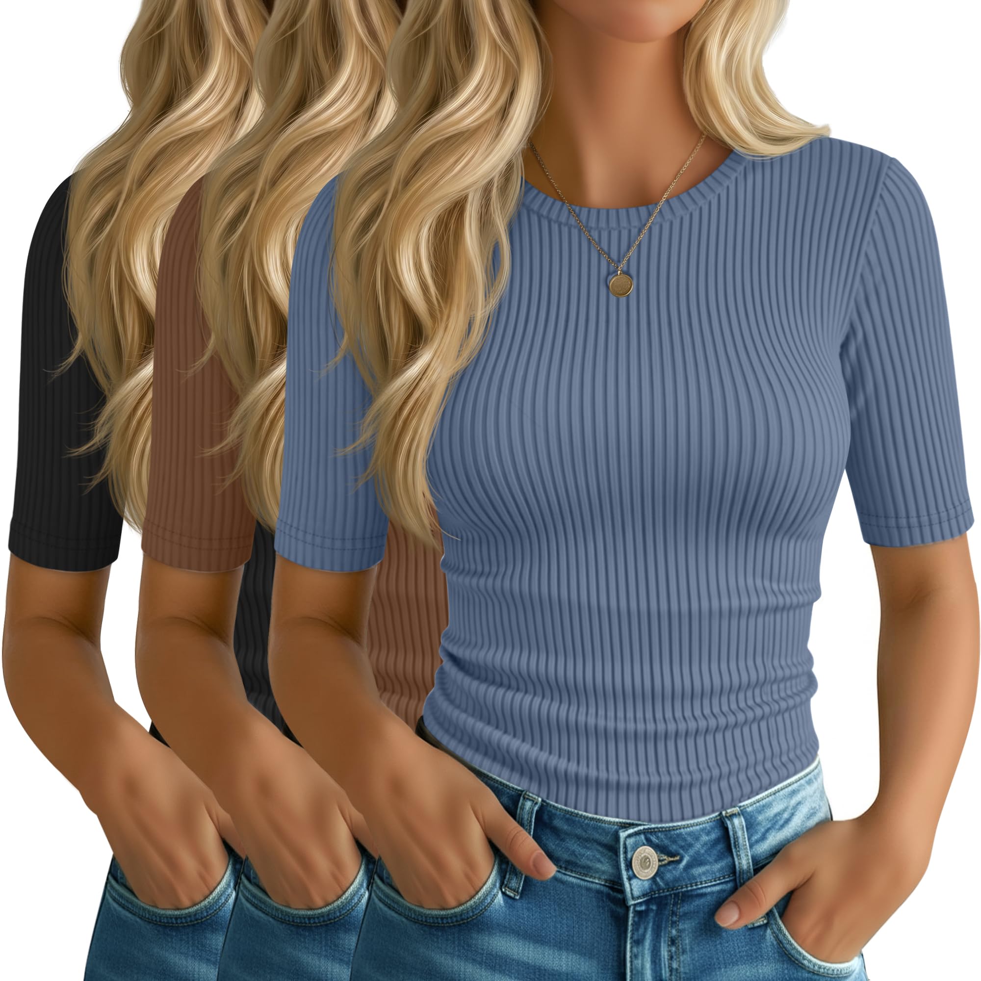 Photo 1 of *** ODOR (DETERGENT)*** Riyiper 3 Pack Women's Elbow Length Tops, Half Sleeve Ribbed Cotton T Shirt Crew Neck Summer Tee Slim Fit Casual Blouses(Black, Camel, Gray Blue,XX-Large)