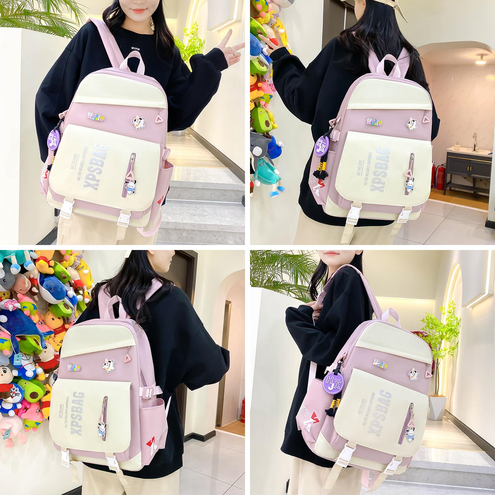 Kawaii - Juego de 4 mochilas para niñas con bonitos accesorios de oso, mochila escolar, bolsa de hombro, bolso, bolsa para bolígrafos y más suministros de regreso a clases para estudiantes