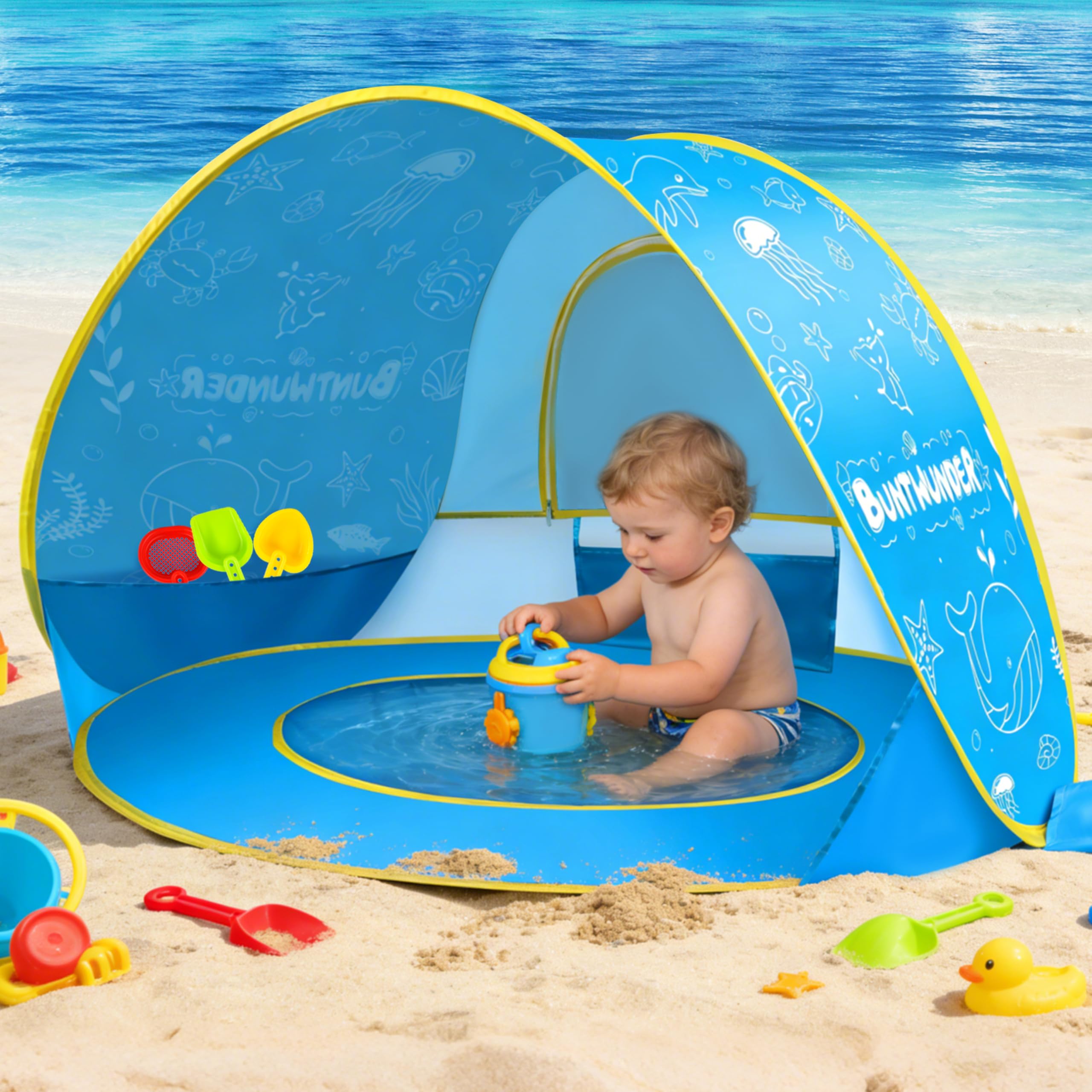 JONRRYIN Tenda da Spiaggia Bambini Pop-Up, Tenda Spiaggia con Mini Piscina, Tenda da Spiaggia Portatile Protezione Solare UPF 50+, Ideale per Viaggio in Spiaggia Campeggio (Blu)