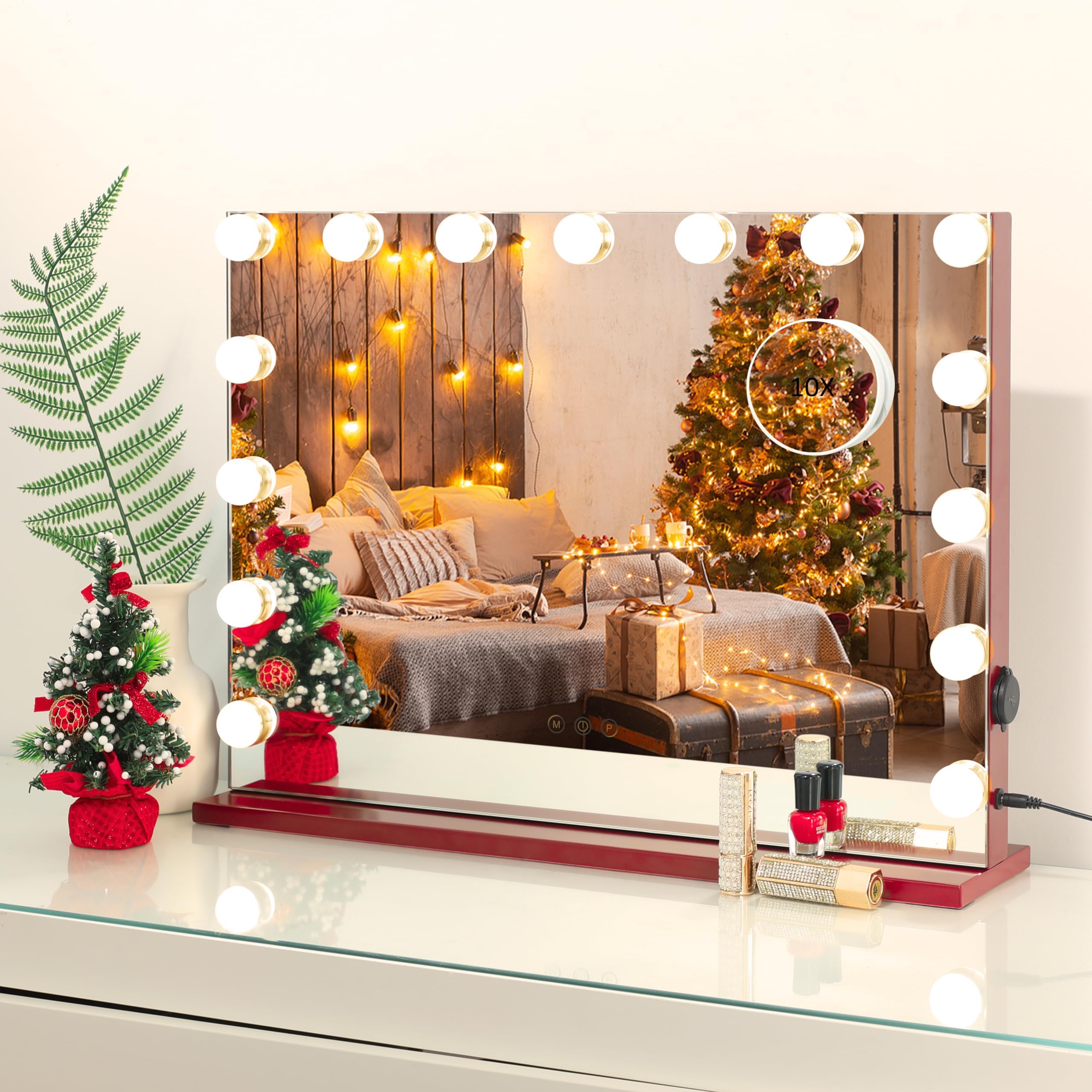 iCREAT Vanity Mirror with Lights, 15 LED Vanity Mirror, 3 Dimmable Brightness Levels, Smart Touch Control, USB Charging Port, 18 * 22Inch Large Makeup Mirror with Lights for Bedroom, Red