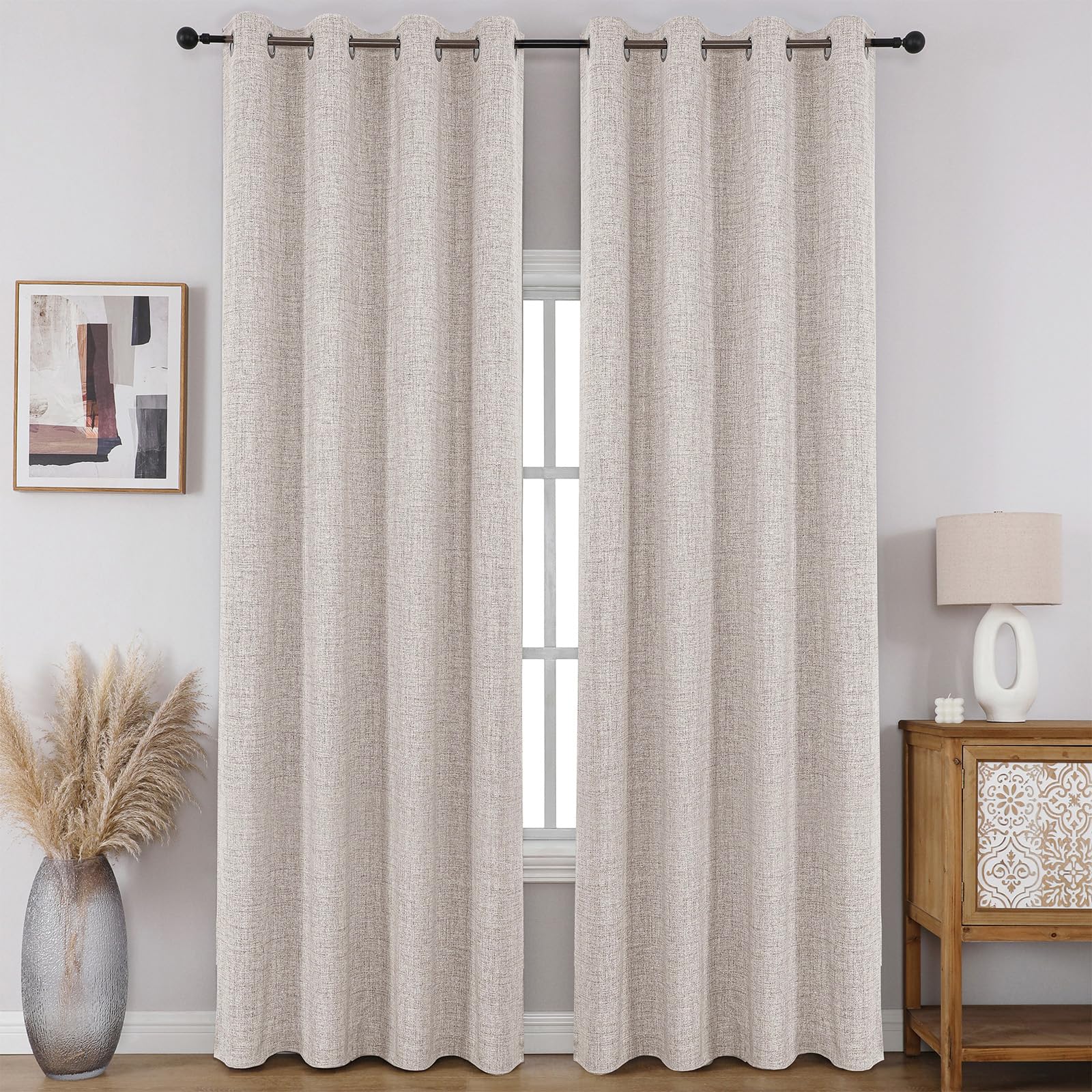 CUCRAF Cortinas 100% Opacas de Lino sintético con Aislamiento térmico y Ojales para Dormitorio o Sala de Estar, Juego de 2 Paneles de Cortina (Blanco Roto, 52 x 84 Pulgadas)