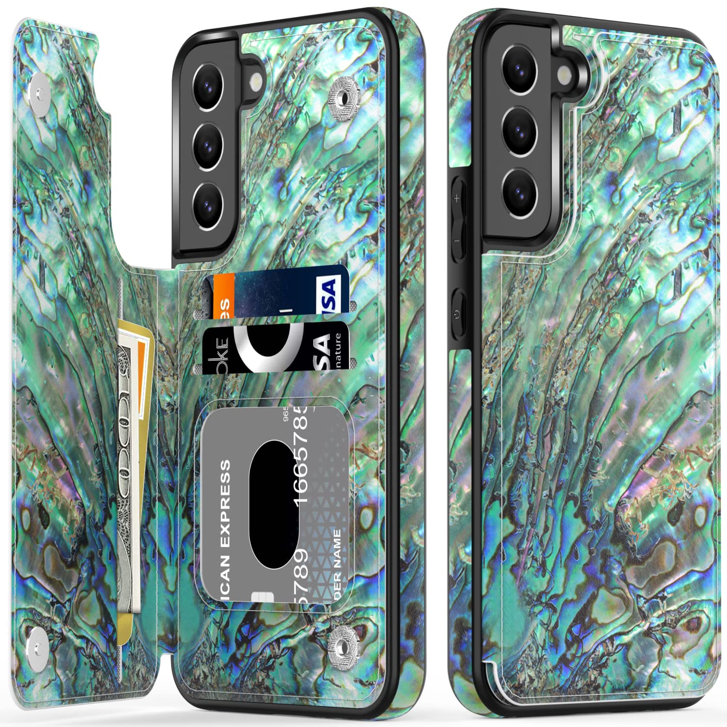 LETO Galaxy S21 FE Case,Flip Folio Leather Wallet Case Cover with Fashion Flower Designs for Girls Women,with Card Slots Kickstand Phone Case Green