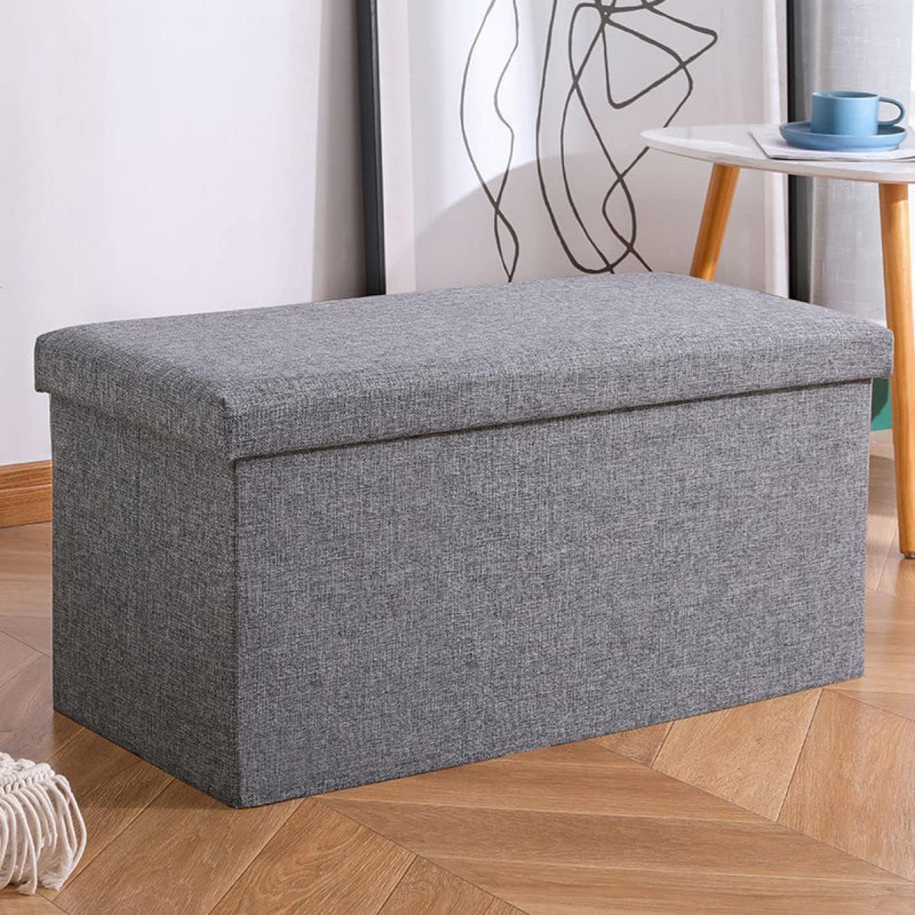 Flame NEULA Foldable Storage Ottoman Bench with Lid – Grey Fabric Footrest Stool with Hidden Storage | Space Saving Seat for Living Room, Bedroom & Entryway | Grey 76x38x38cm
