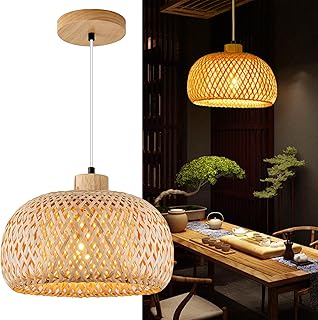 Bamboo Pendant Light, 11.8inch Hand-Woven Natural Wicker Rattan Bamboo L...