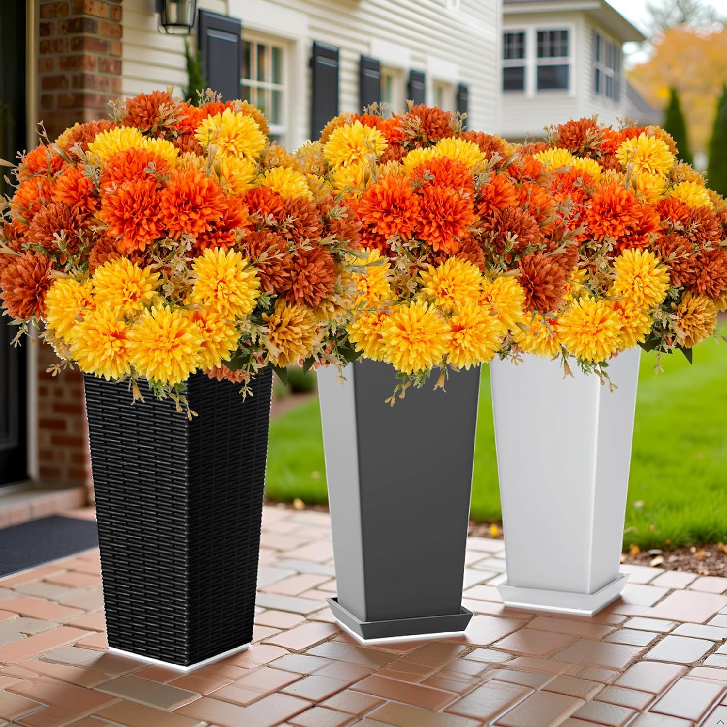 Yellow Orange Burnt Faux Floral Plants Decor 12 Mum Stems with 72 Silk Flowers, Artificial Chrysanthemum Marygolds, Fake Flowers for Rooms Outdoor Patio Porch Pots Boxes Planters - Image 2