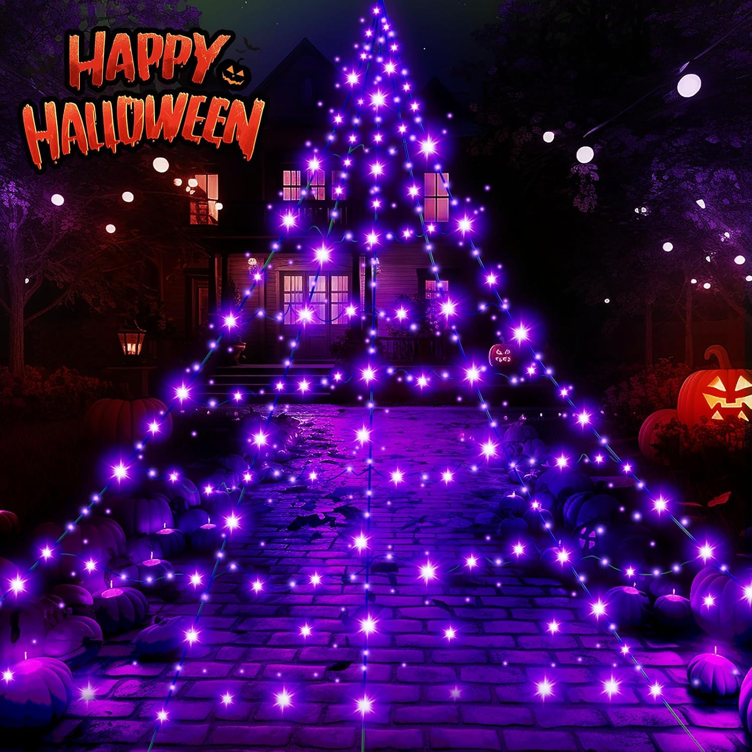 Halloween Decorations Outdoor Giant Spider Web Lights,23ft x 18ft Black Spider Web with 500 LEDs Purple,Waterproof for Halloween Yard Decorations and 8 Modes. (Black Nylon Rope and Purple LED Lights)