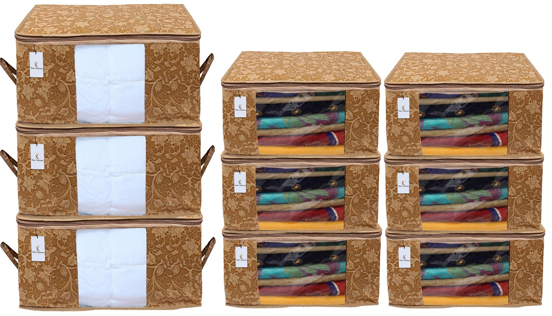 Kuber Industries Metallic Printed Non Woven 6 Pieces Saree Cover and 3 Pieces Underbed Storage Bag, Cloth Organizer for Storage, Blanket Cover Combo Set (Beige) -CTKTC038567-picture-10