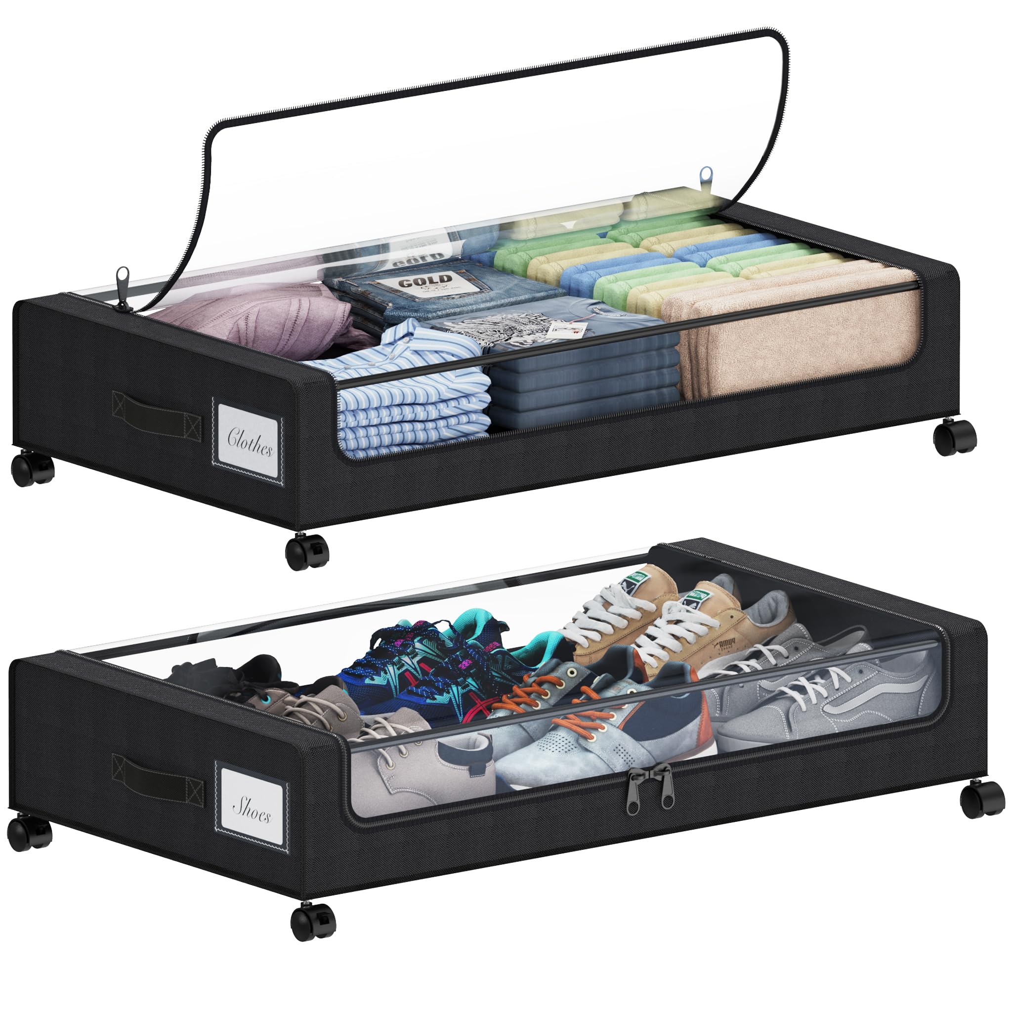 Tututry Under Bed Storage with Wheels, XXL 60L Under the Bed Storage Bins, Underbed Storage Containers with Lids & Label, Rolling Metal Drawer for Shoes, Clothes, Books, Toys (2-Pack Black)