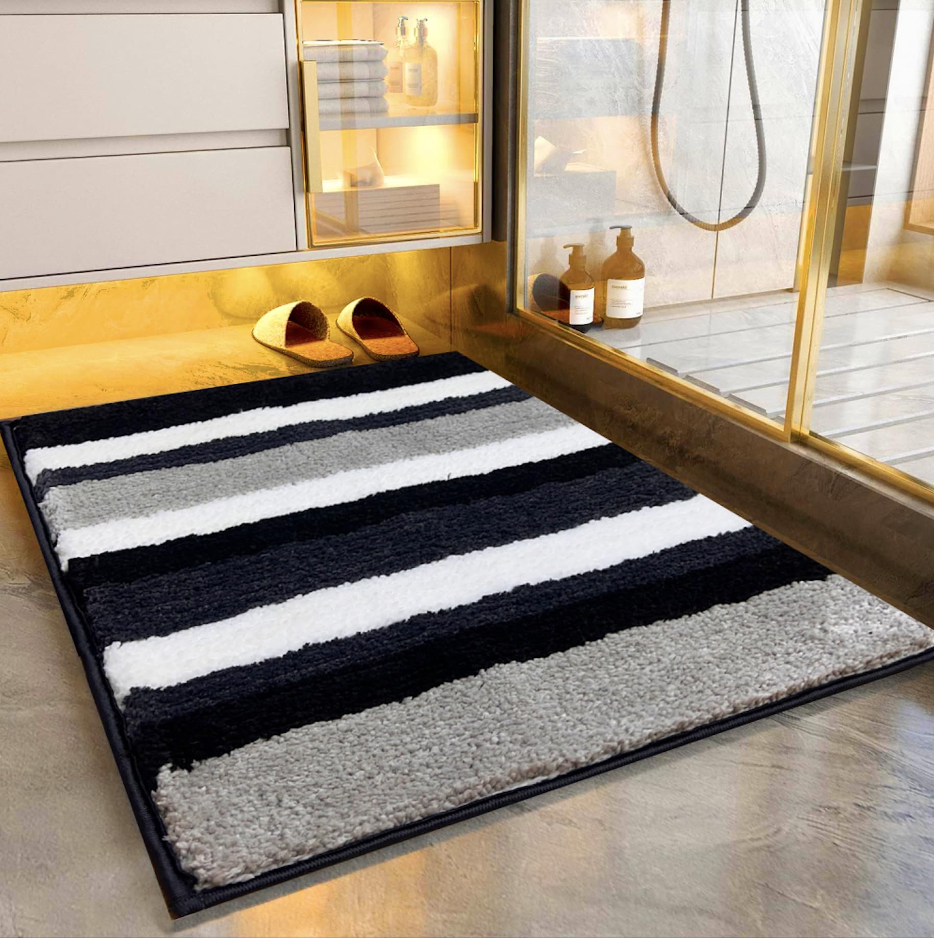 Roseate Luxury Super Soft (40x60 Cm) Microfibre Striped 2000 GSM Bath Mat Super Absorbent Anti Skid Mats for Bathroom/Bedroom/Kitchen/Door Mat/Floor Mat (Black) Pack of 1