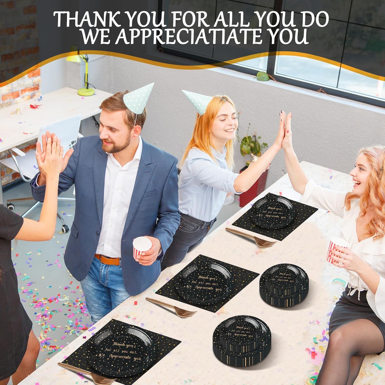 Geyoga 96 Pcs We Appreciate You Plates and Napkins Thank You Tableware Set We Appreciate Party Decoration Volunteer Employee Staff for Festival Celebration Party Supplies(Black and Gold,Thankful) - Image 6