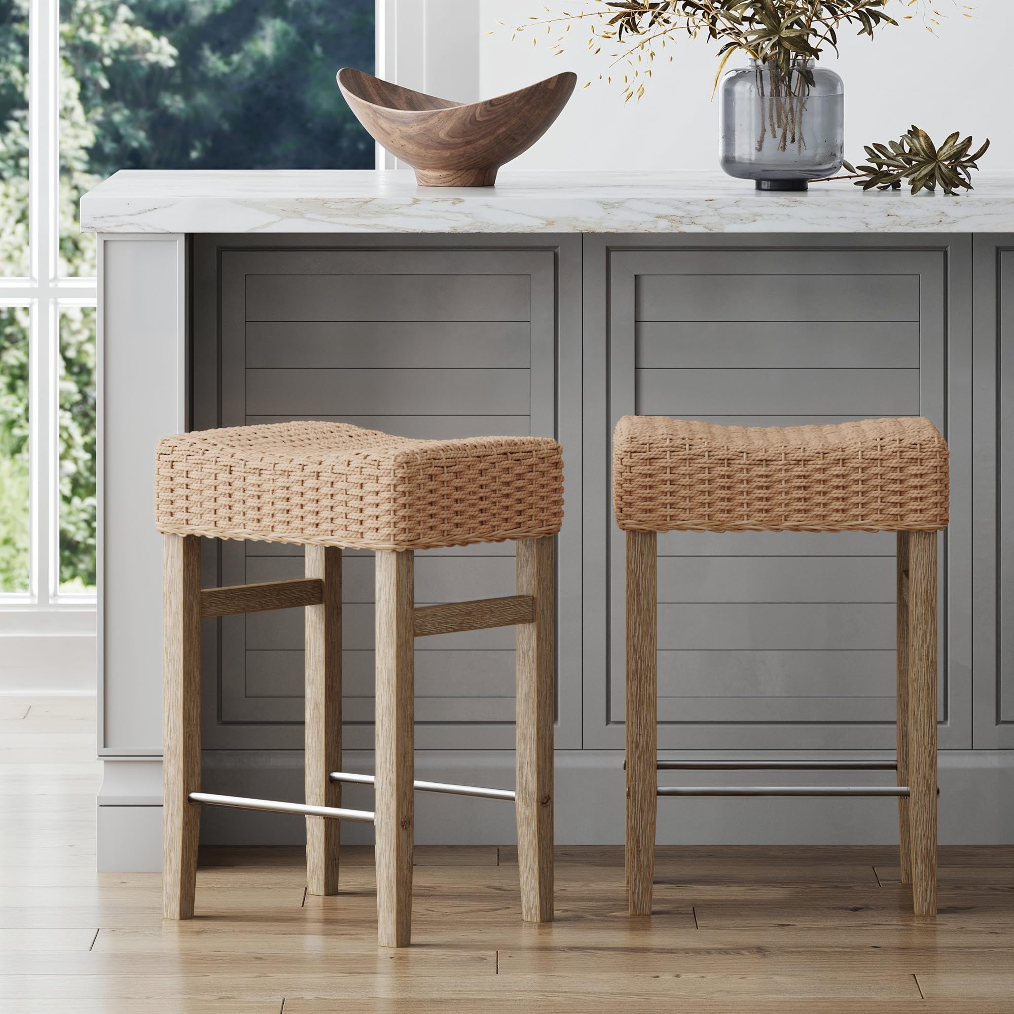 Photo 1 of Nathan James Harvey Rattan Bar Stool, Bohemian Counter Height Stool with Woven Seagrass Seat, Solid Wood Legs, and Metal Footrest Seagrass/Brushed Gray, Set of 4