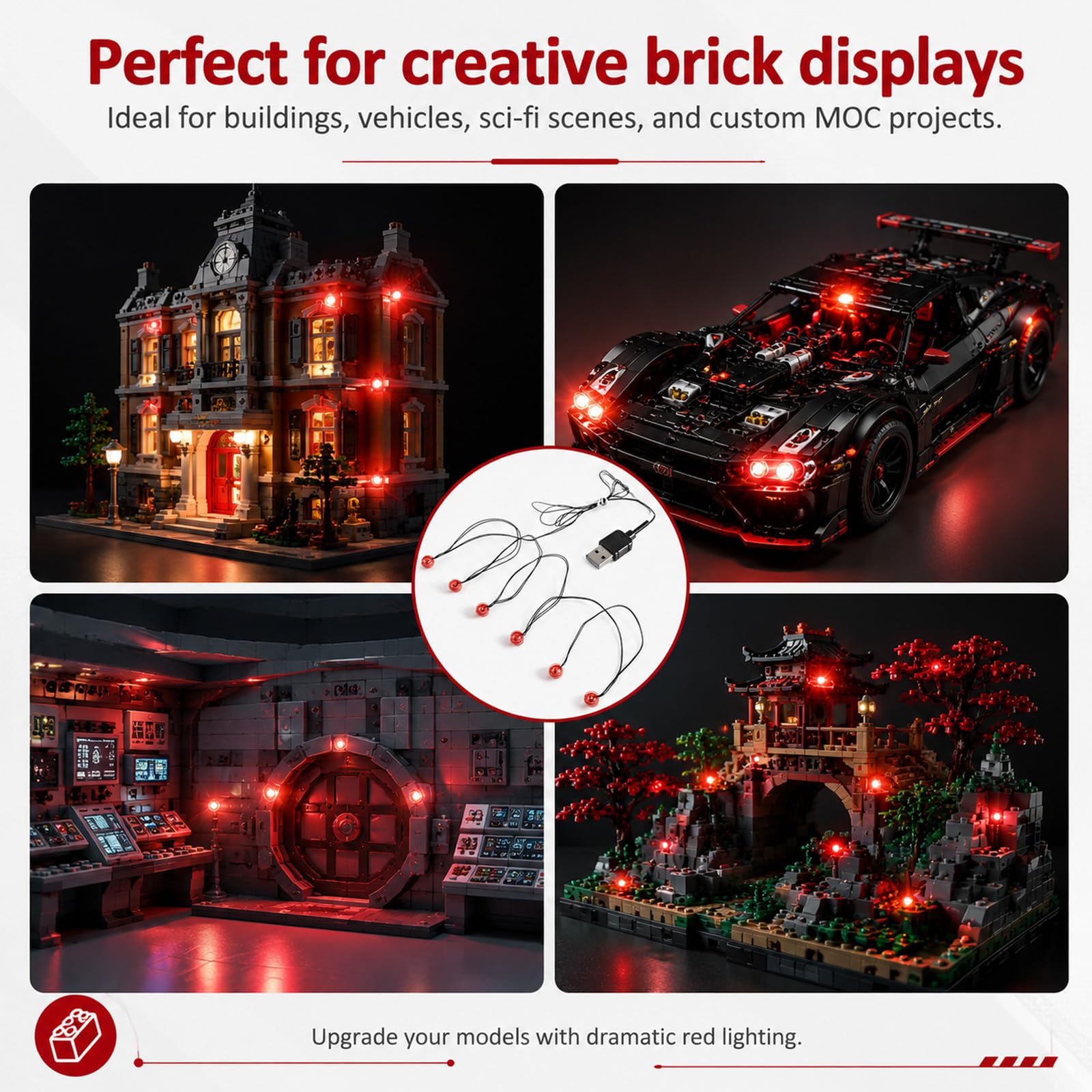 6 in 1 Bausteinlampen, LED Beleuchtung 1×1 Rund USB für Klemmbausteine & Bricks, Modellbau Licht DIY-Beleuchtungsbaustein-Zubehör Leuchtsteine kompatibel mit MOC für Diorama & Vitrine (Rot)