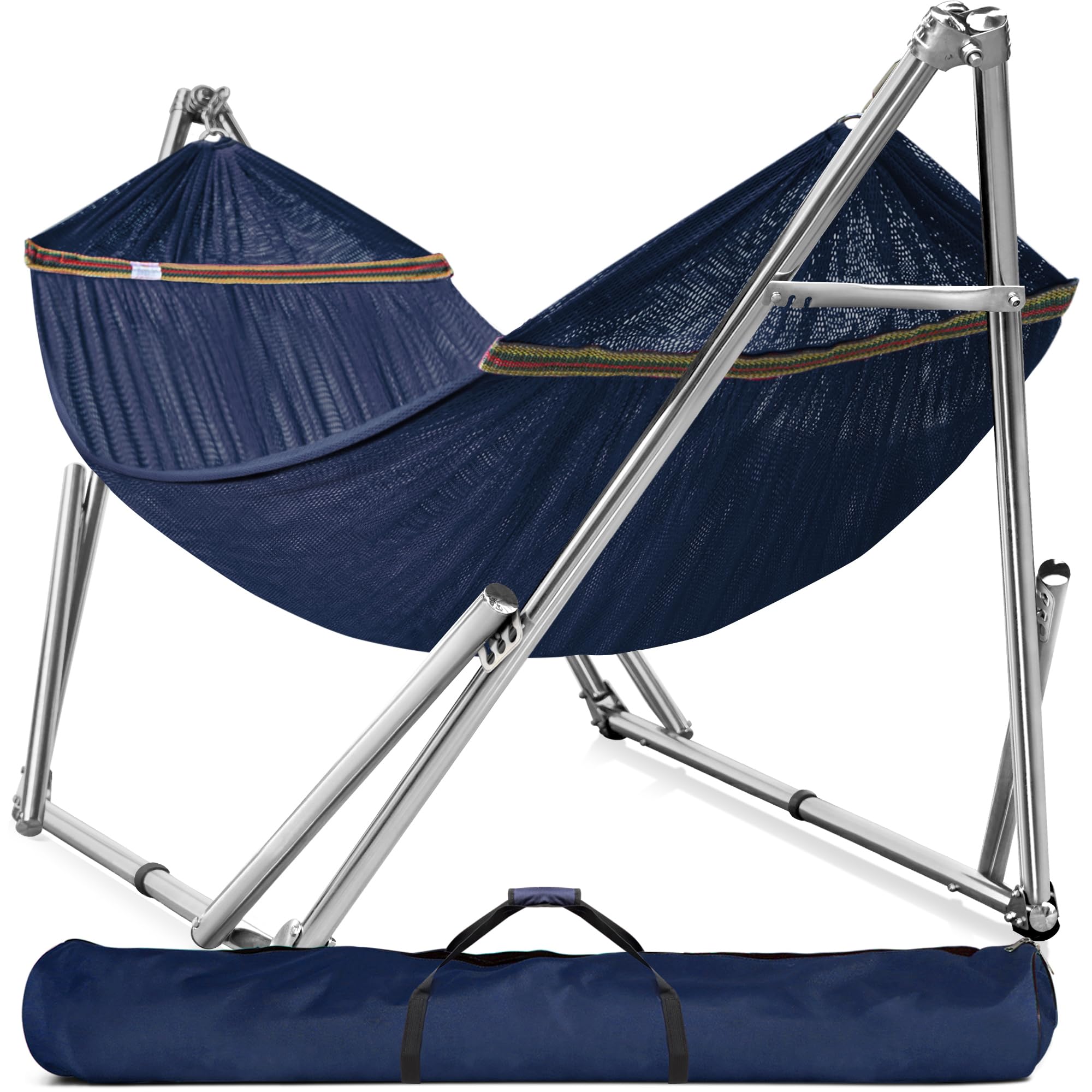 Tranquillo Double Hammock with Stand 650lb Capacity Double Hammock with Spreader Bar, Solid Grade 201 Stainless Steel 30s Set Up, Sturdy Flexible Hammock Stand Portable, Outdoor Indoor, Aegean