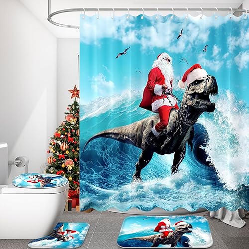4 juegos de baño divertidos de dinosaurio de Navidad con alfombras antideslizantes, cortina de ducha de dinosaurio de Papá Noel, cubierta de tapa de
