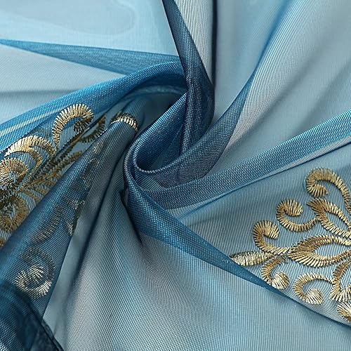 Miniatura 7 de ELKCA Cortinas traslúcidas bordadas de lujo para sala de estar, cortinas de tul azul pavo real para dormitorio, cortina de hilo transparente, ojales