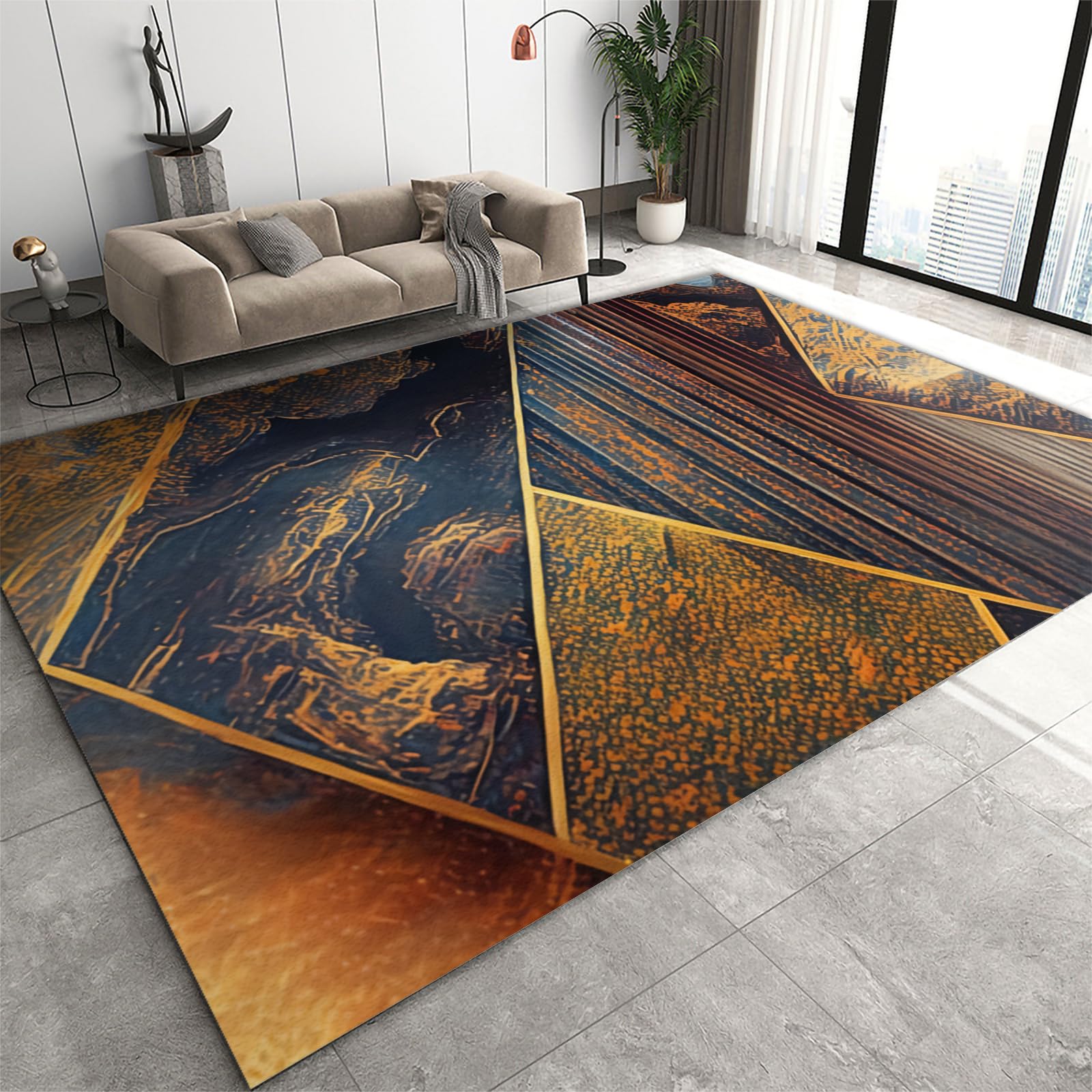 Tapis de luxe lumière nordique au design géométrique noir et or raffiné